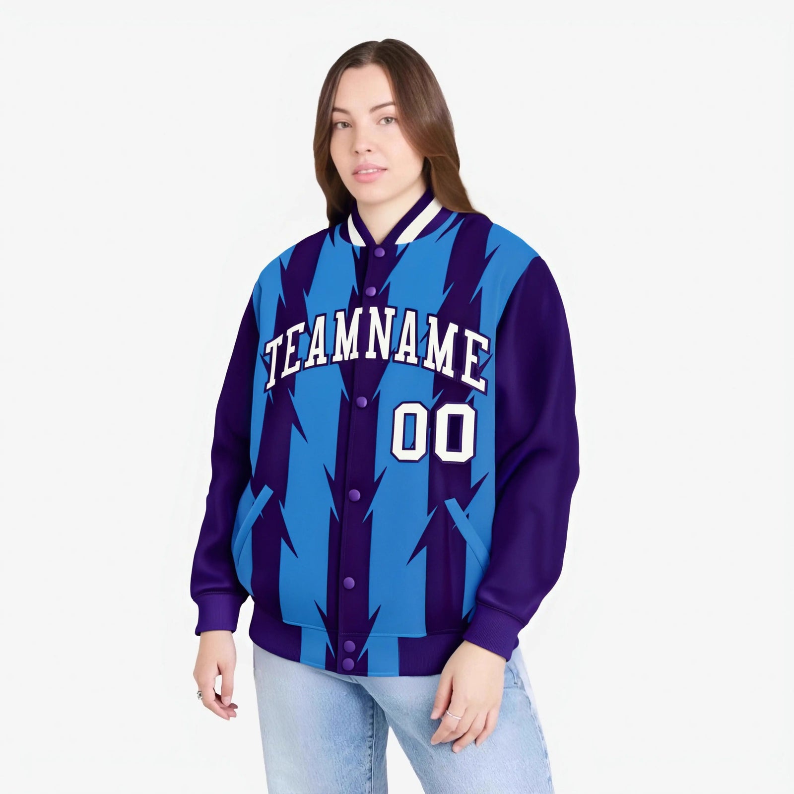 Custom Powder Blue Purple-White Blade Graffiti Pattern Varsity Full-Snap Jacket