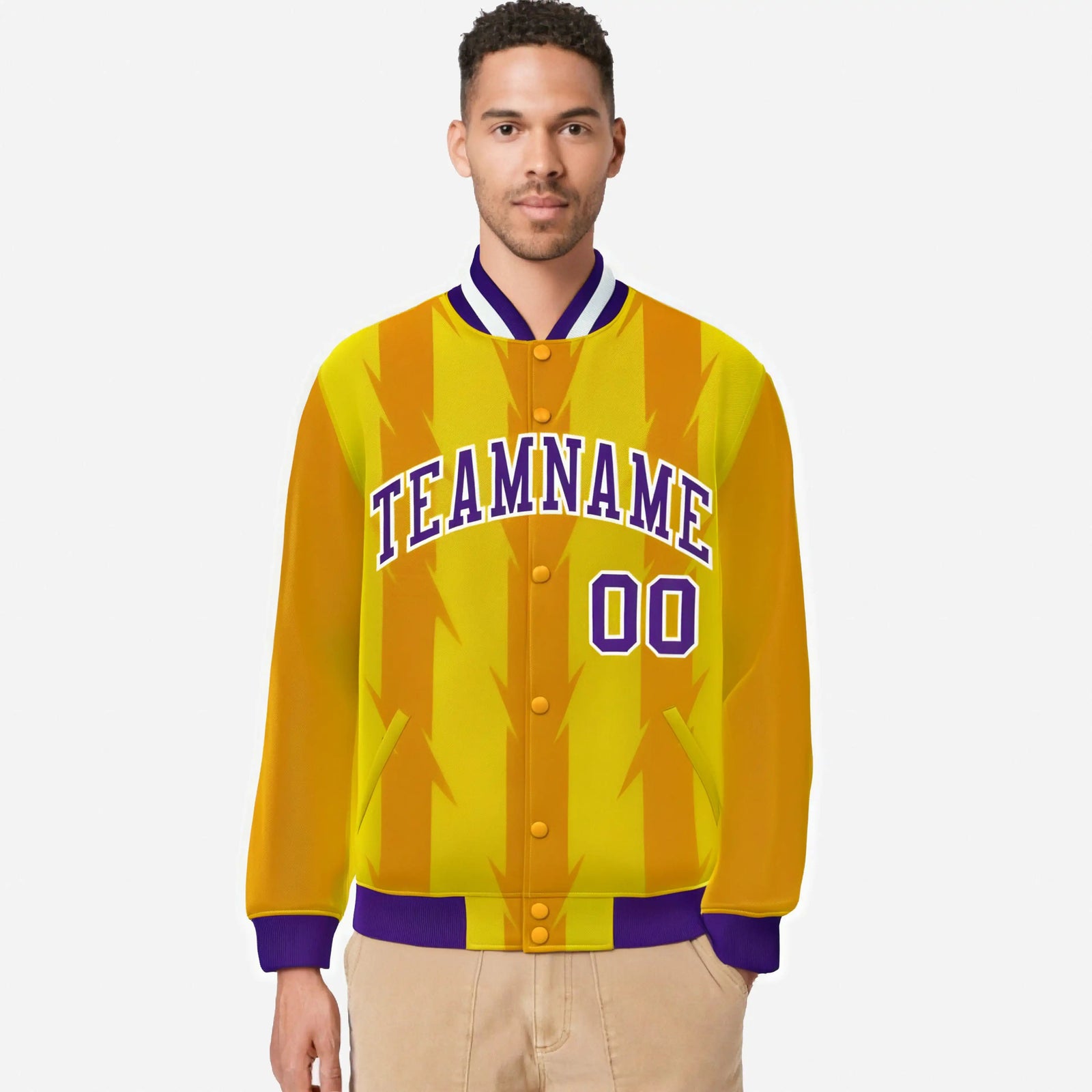 Custom Gold Yellow Purple-White Blade Graffiti Pattern Varsity Full-Snap Jacket