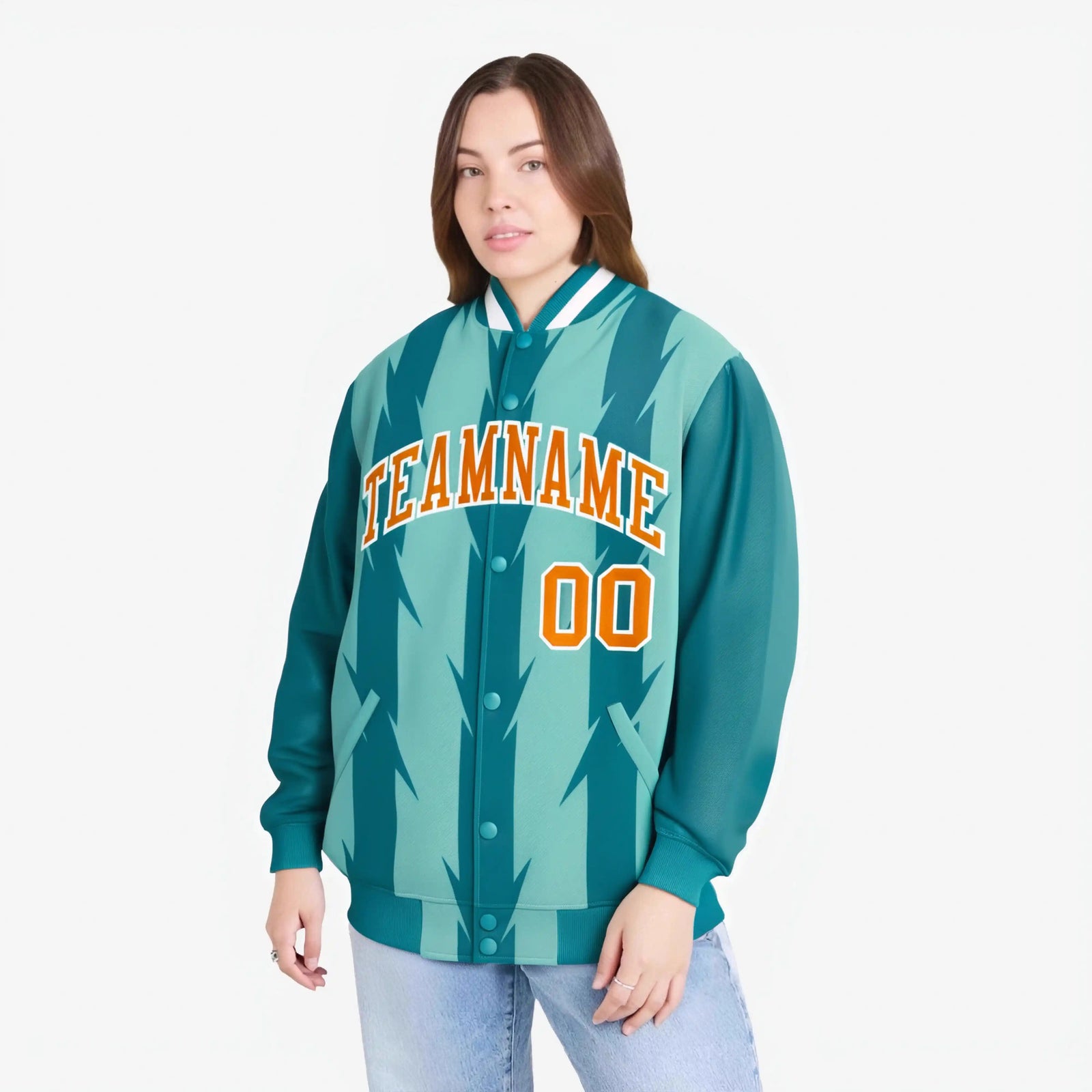 Custom Teal Aqua Orange-White Blade Graffiti Pattern Varsity Full-Snap Jacket
