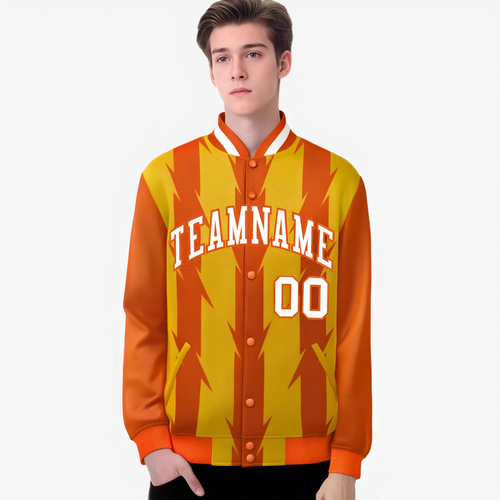 Custom Yellow Orange-White Blade Graffiti Pattern Varsity Full-Snap Jacket