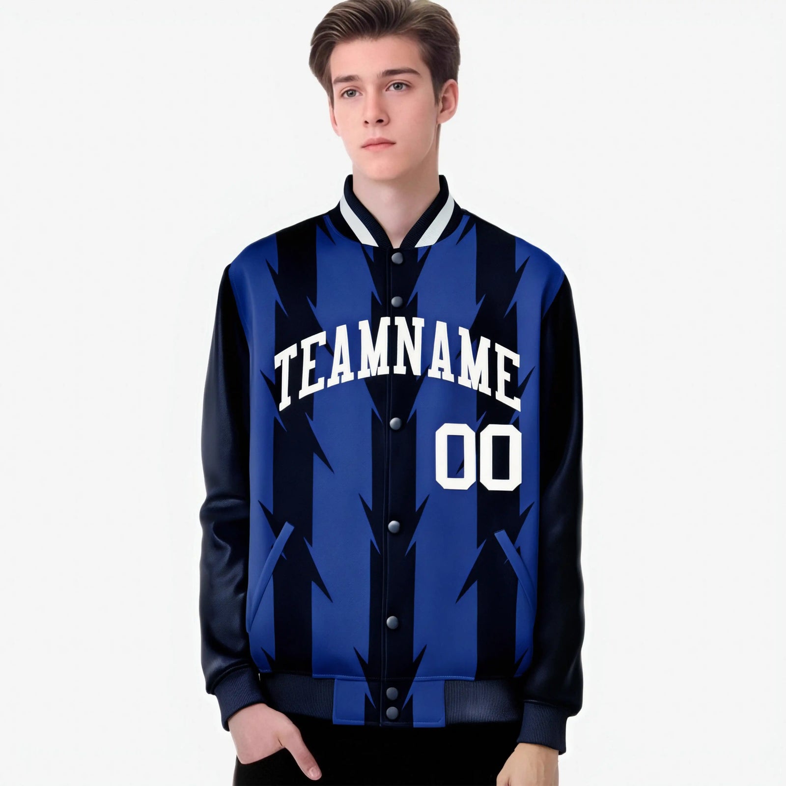 Chaqueta universitaria personalizada con cierre completo y estampado de grafiti de cuchillas en azul marino y blanco