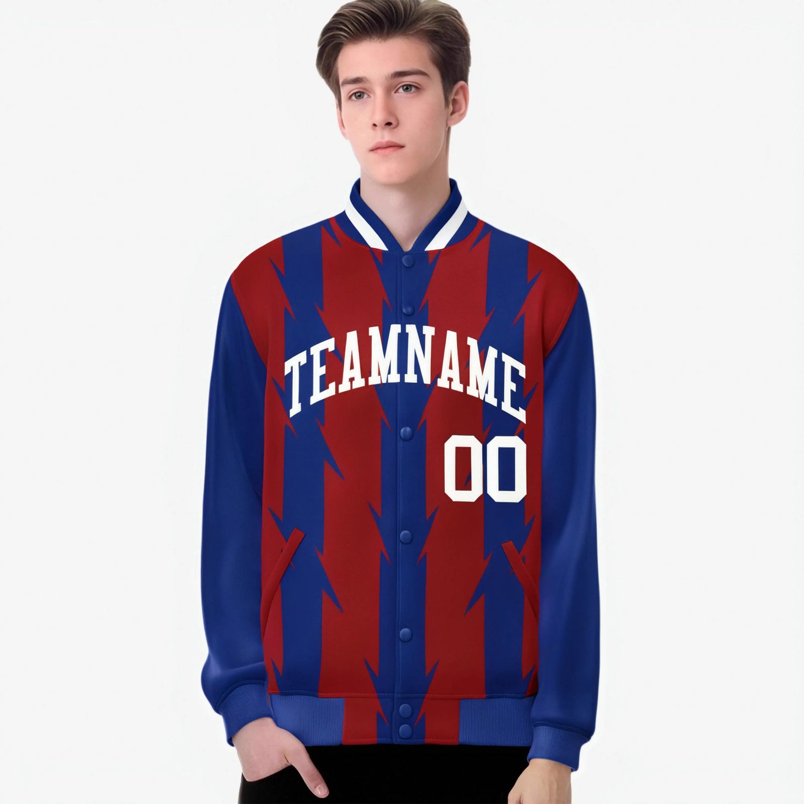 Custom Red Royal Blue-White Blade Graffiti Pattern Varsity Full-Snap Jacket