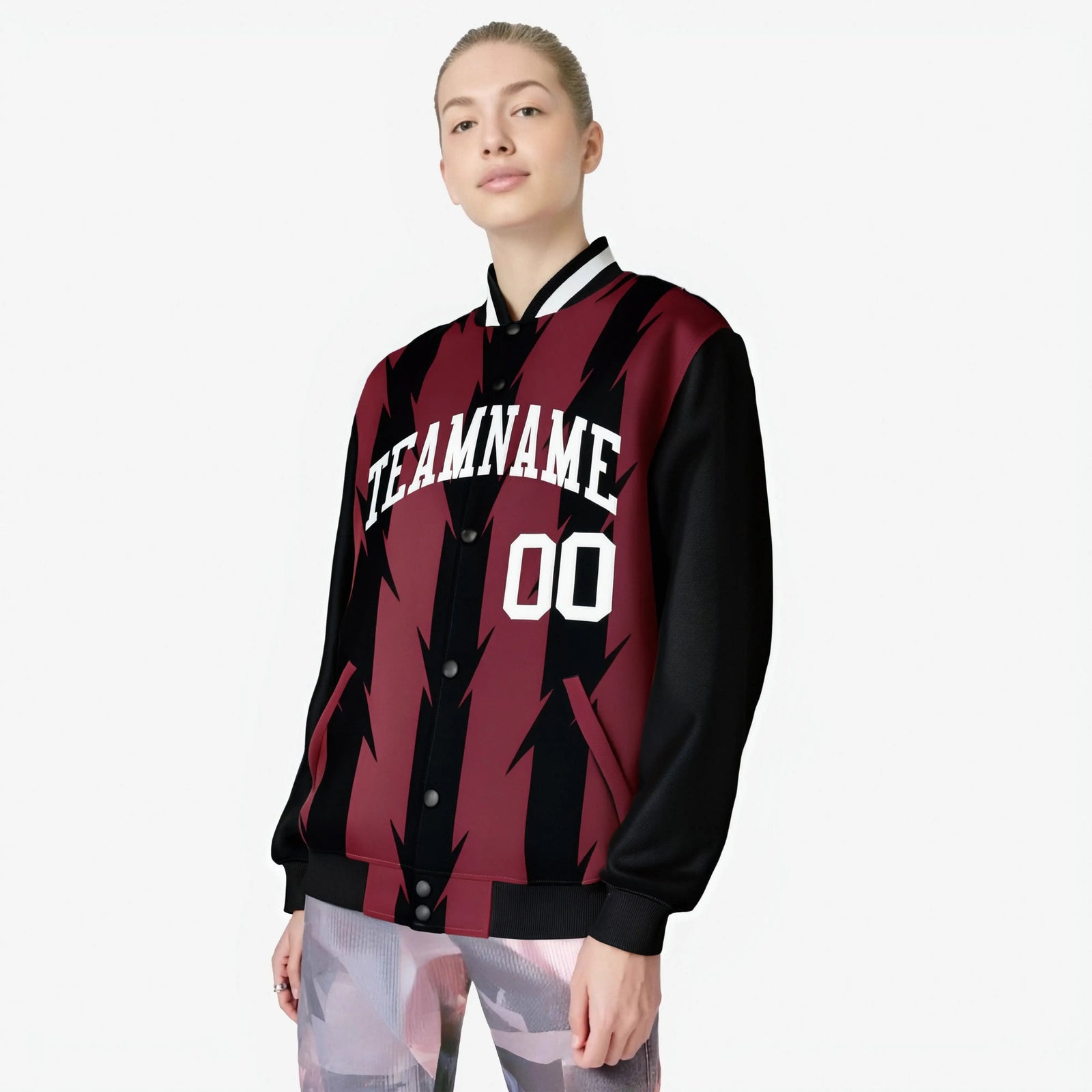 Custom Light Red Black-White Blade Graffiti Pattern Varsity Full-Snap Jacket