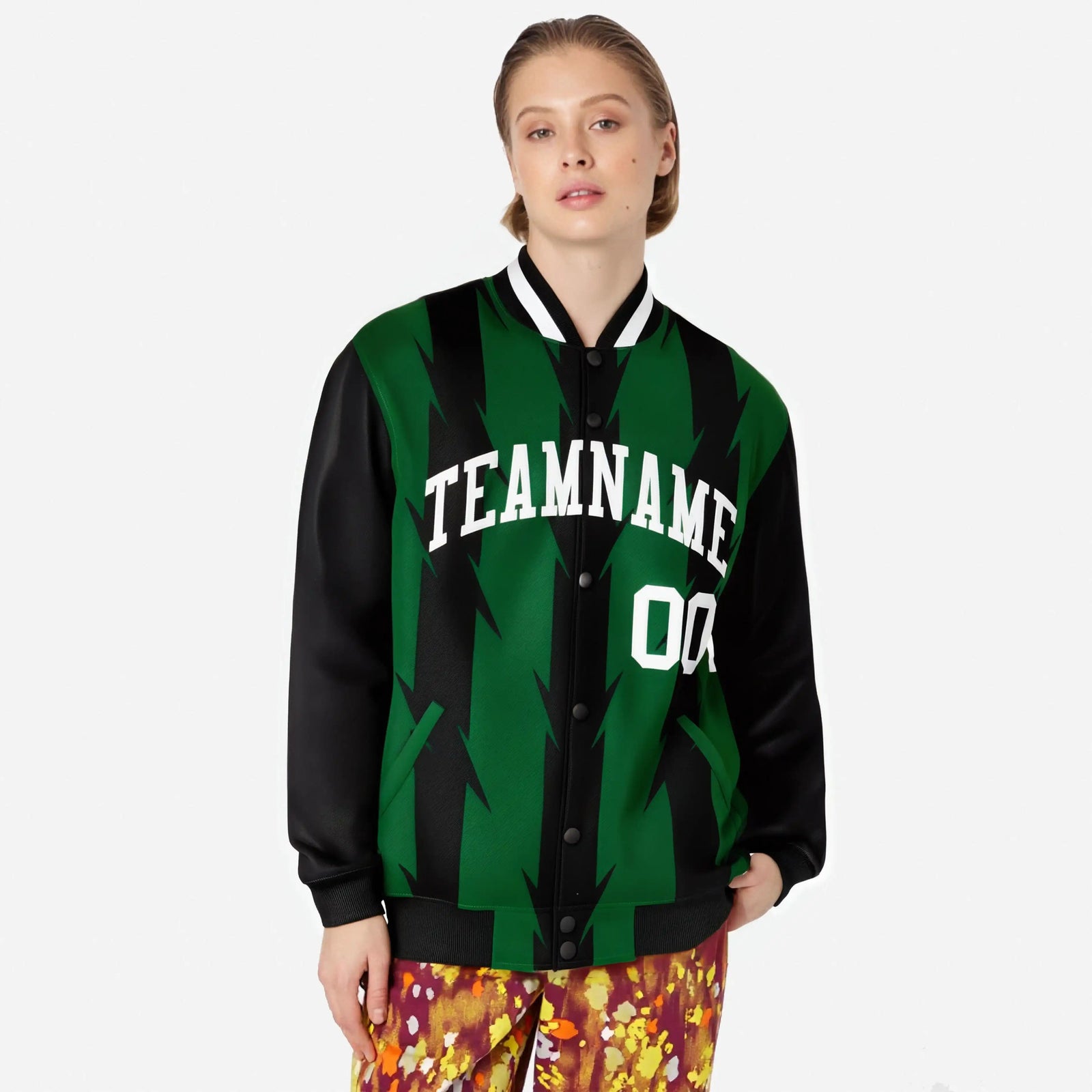 Custom Green Black-White Blade Graffiti Pattern Varsity Full-Snap Jacket