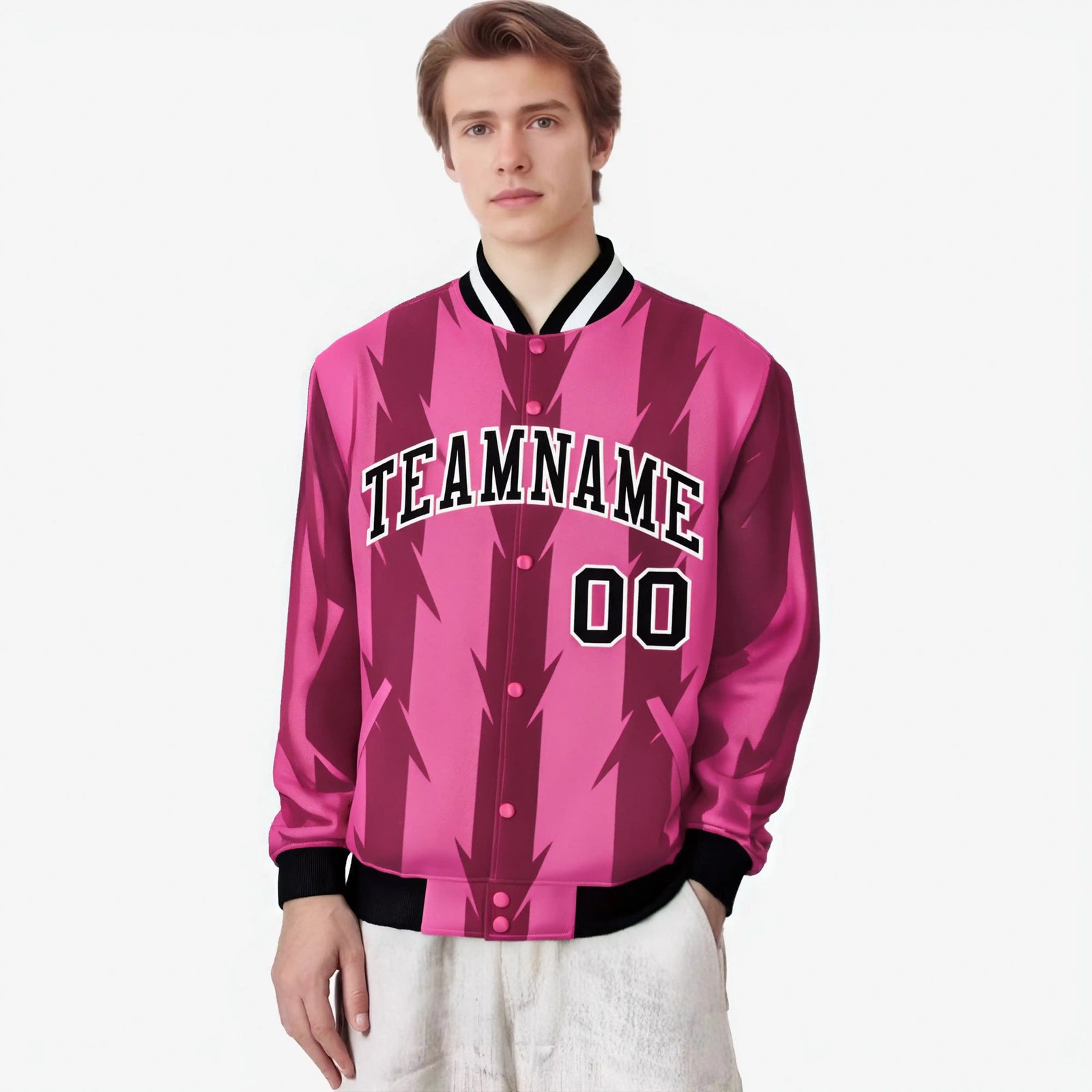 Custom Pink Light Red-White Blade Graffiti Pattern Varsity Full-Snap Jacket