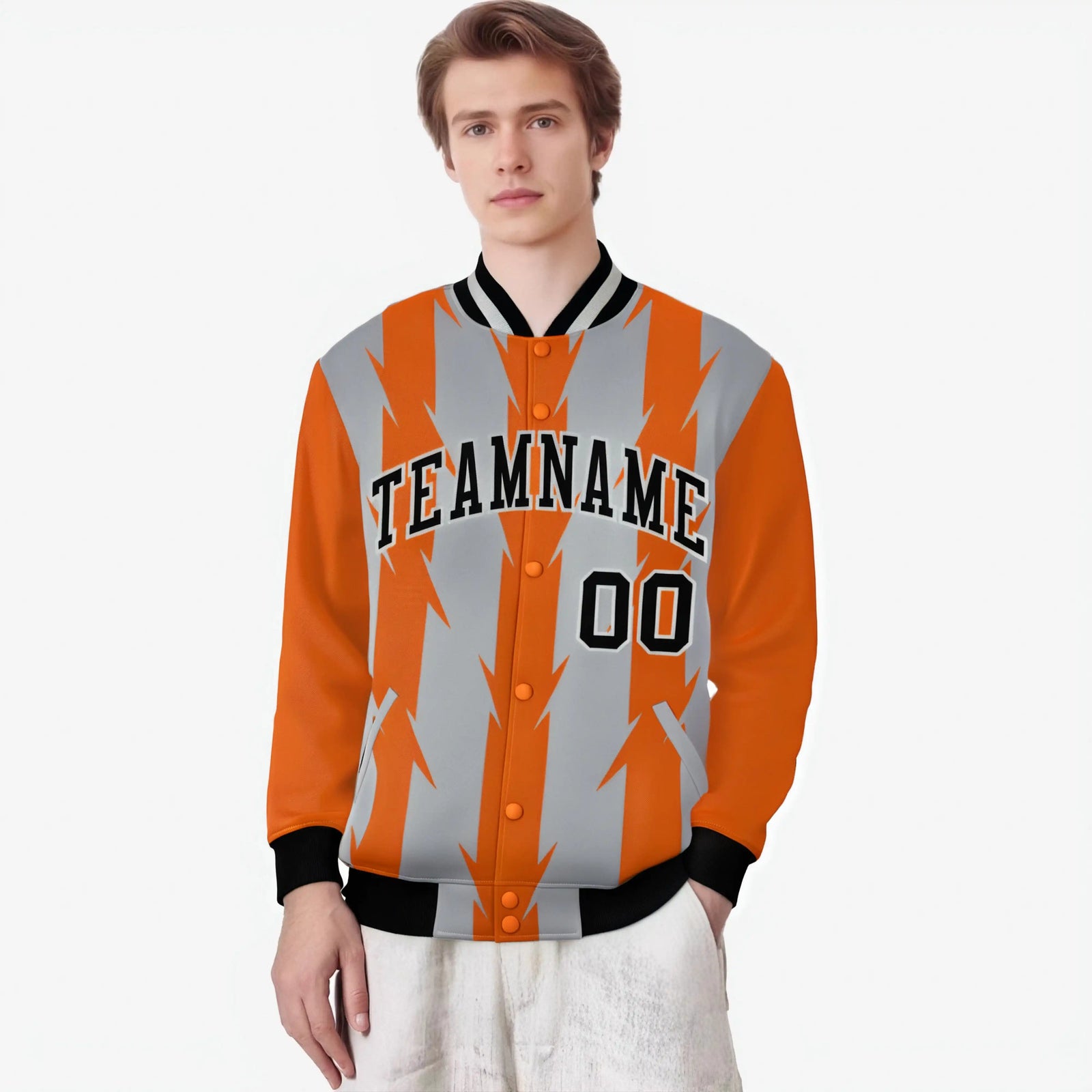 Custom Gray Orange Black Blade Graffiti Pattern Varsity Full-Snap Jacket