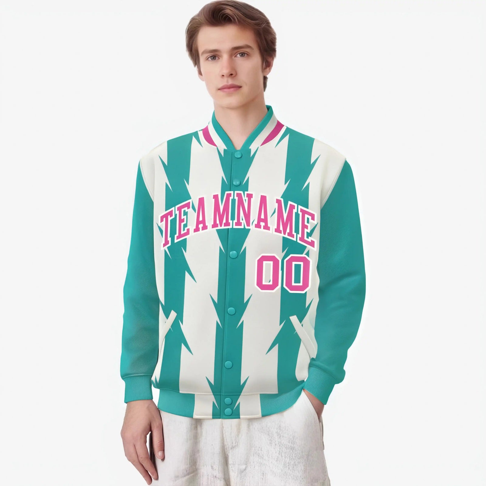 Custom Cream Aqua Pink Blade Graffiti Pattern Varsity Full-Snap Jacket
