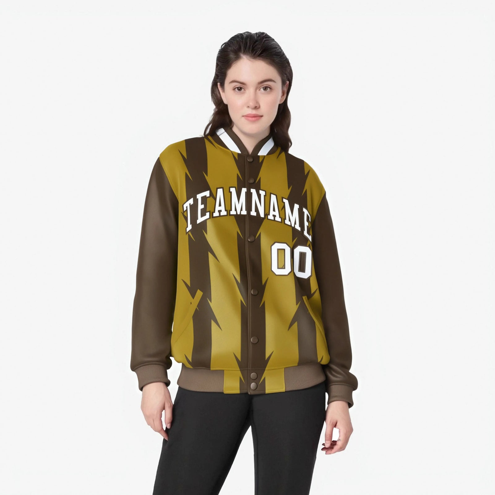 Custom Old Gold Brown-White Blade Graffiti Pattern Varsity Full-Snap Jacket