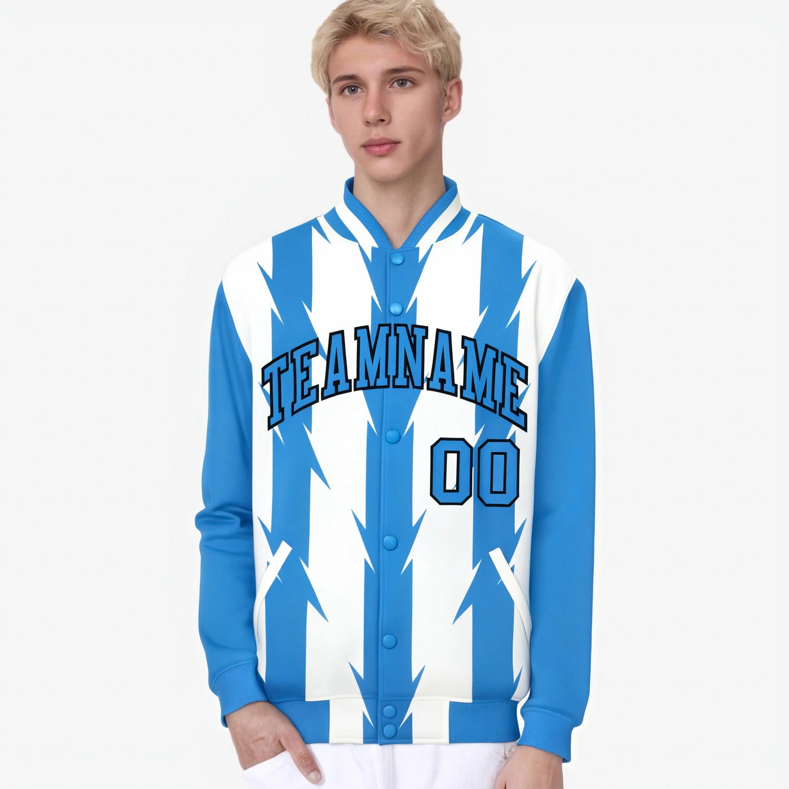 Custom White Powder Blue-Black Blade Graffiti Pattern Varsity Full-Snap Jacket