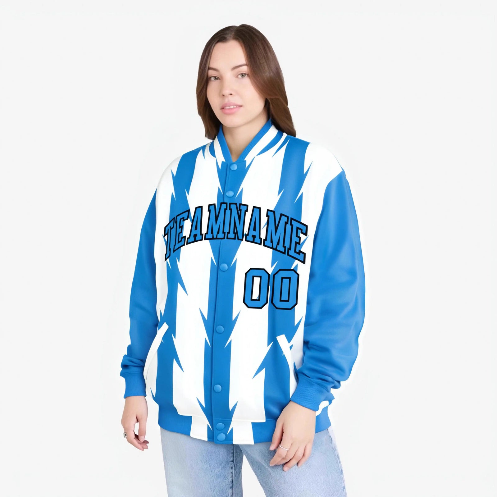 Custom White Powder Blue-Black Blade Graffiti Pattern Varsity Full-Snap Jacket