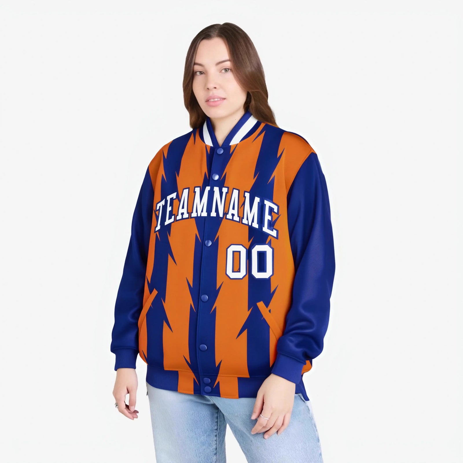Custom Orange Royal Blue-White Blade Graffiti Pattern Varsity Full-Snap Jacket