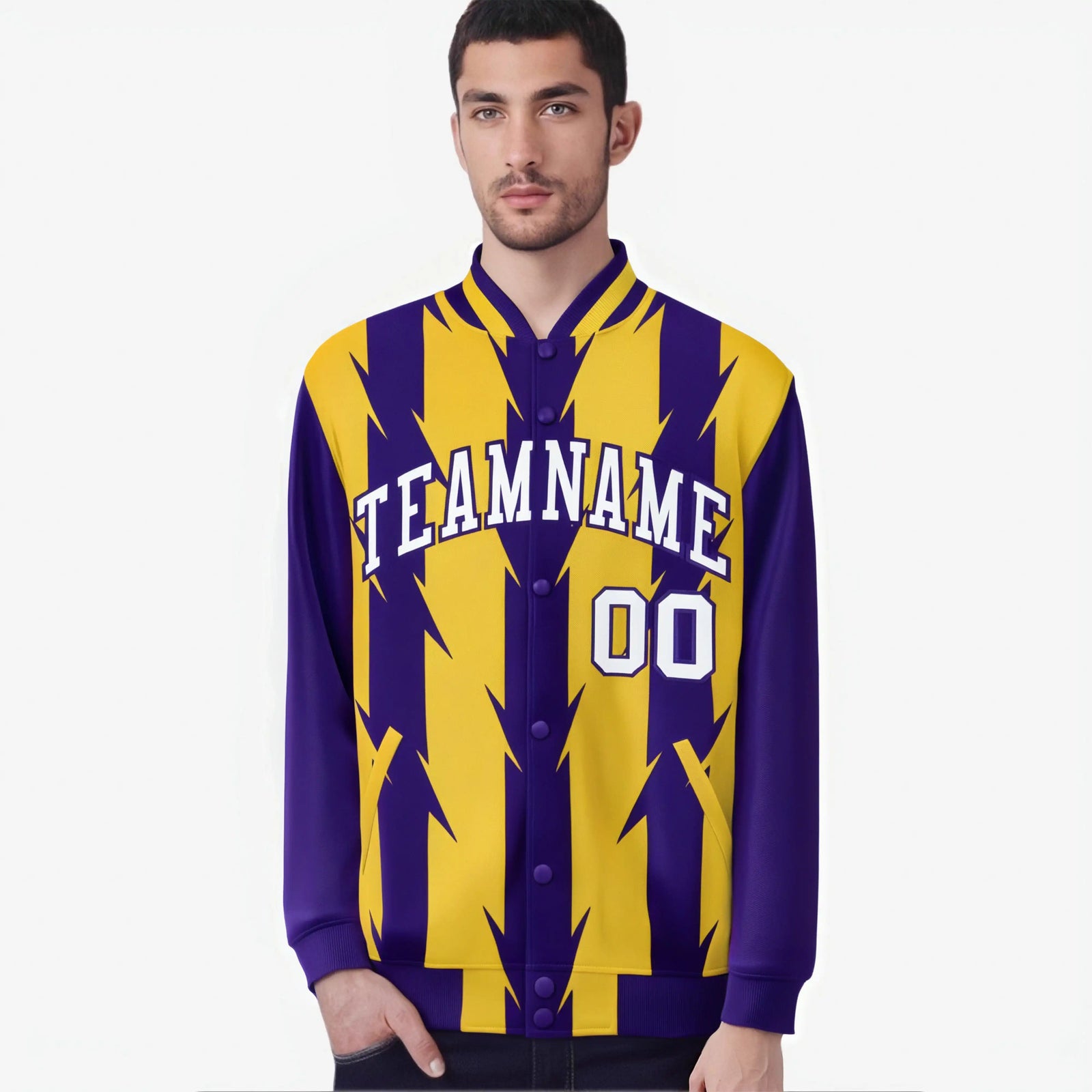 Custom Yellow Purple-White Blade Graffiti Pattern Varsity Full-Snap Jacket