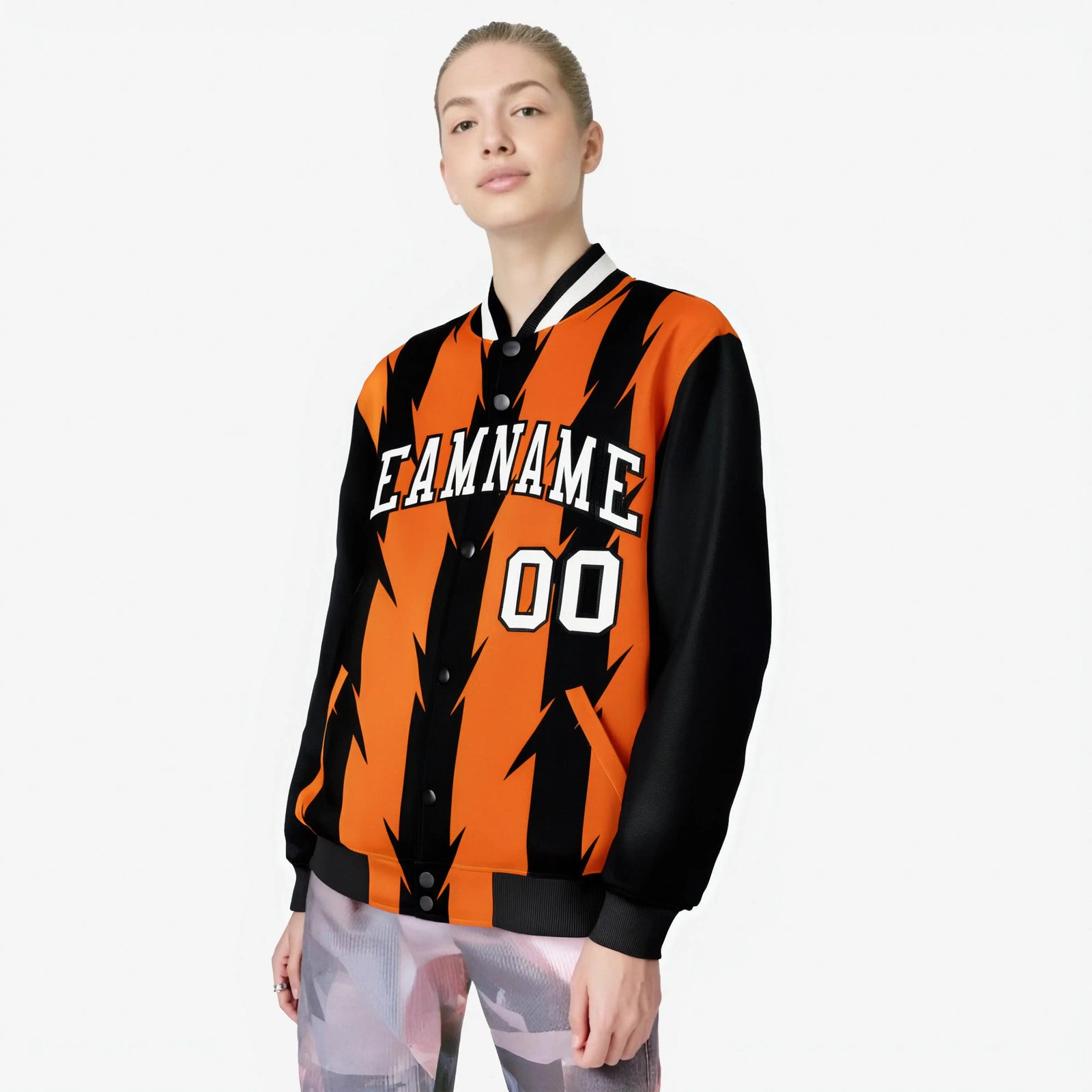 Custom Orange Black-White Blade Graffiti Pattern Varsity Full-Snap Jacket