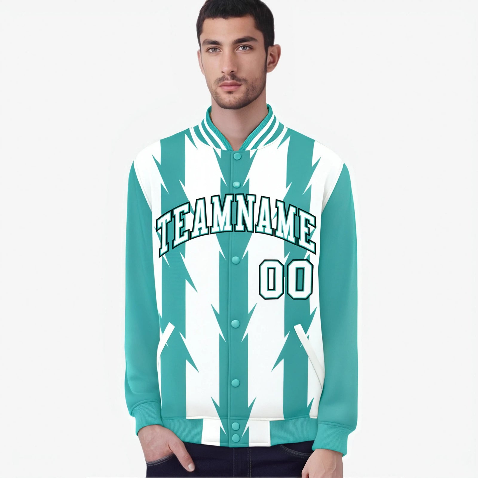 Custom White Aqua-Black Blade Graffiti Pattern Varsity Full-Snap Jacket