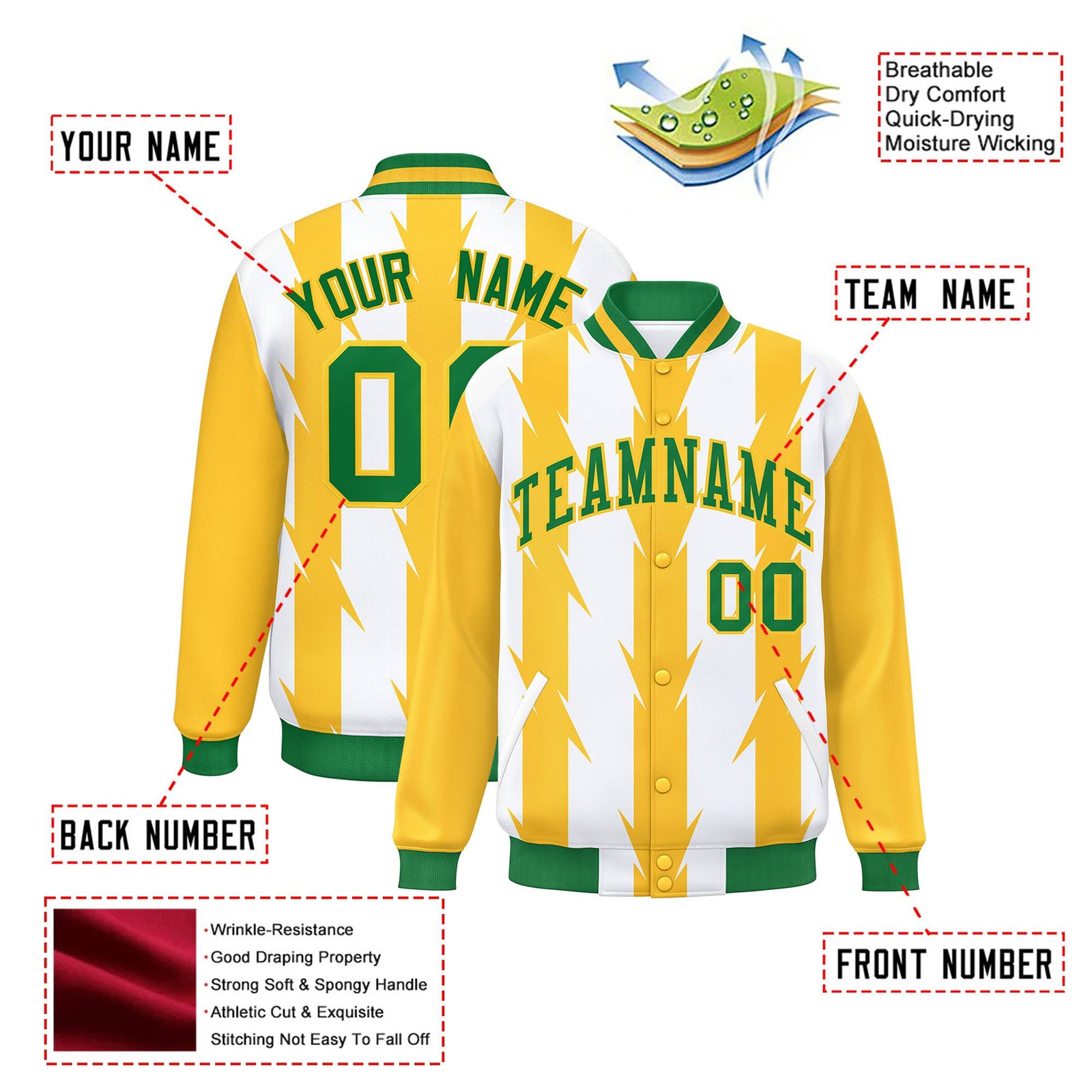 Custom White Gold-Kelly Green Blade Graffiti Pattern Varsity Full-Snap Jacket