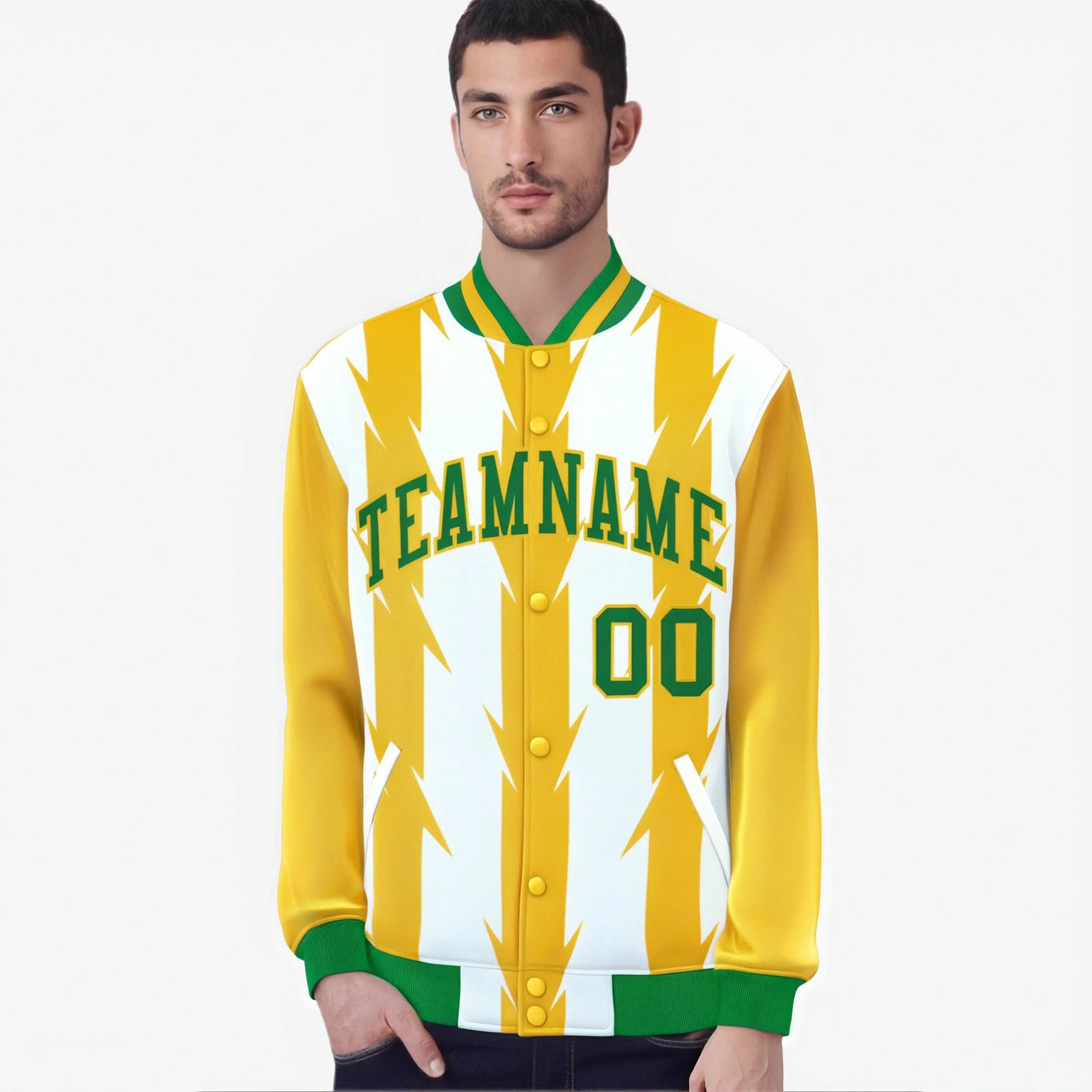 Custom White Gold-Kelly Green Blade Graffiti Pattern Varsity Full-Snap Jacket