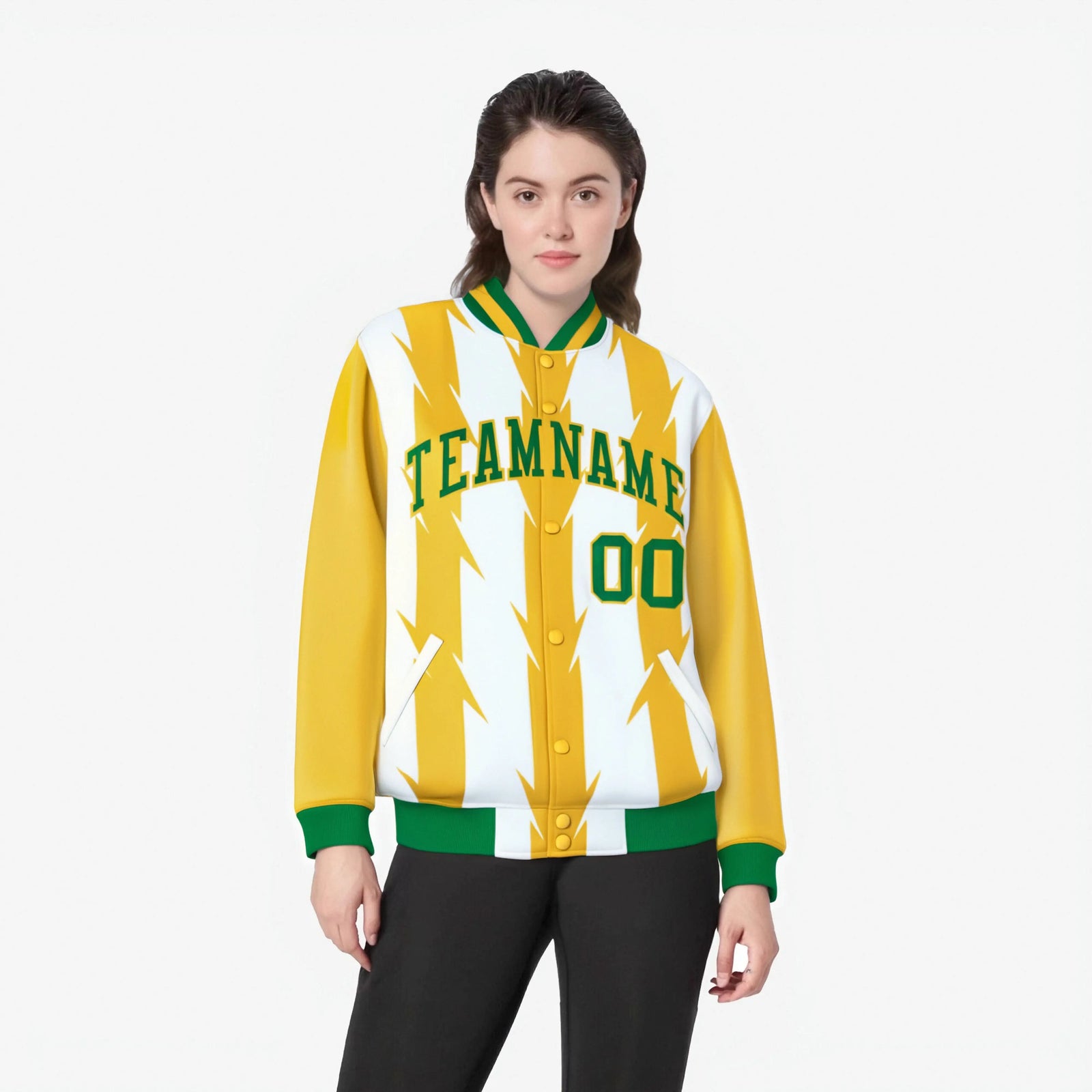 Custom White Gold-Kelly Green Blade Graffiti Pattern Varsity Full-Snap Jacket