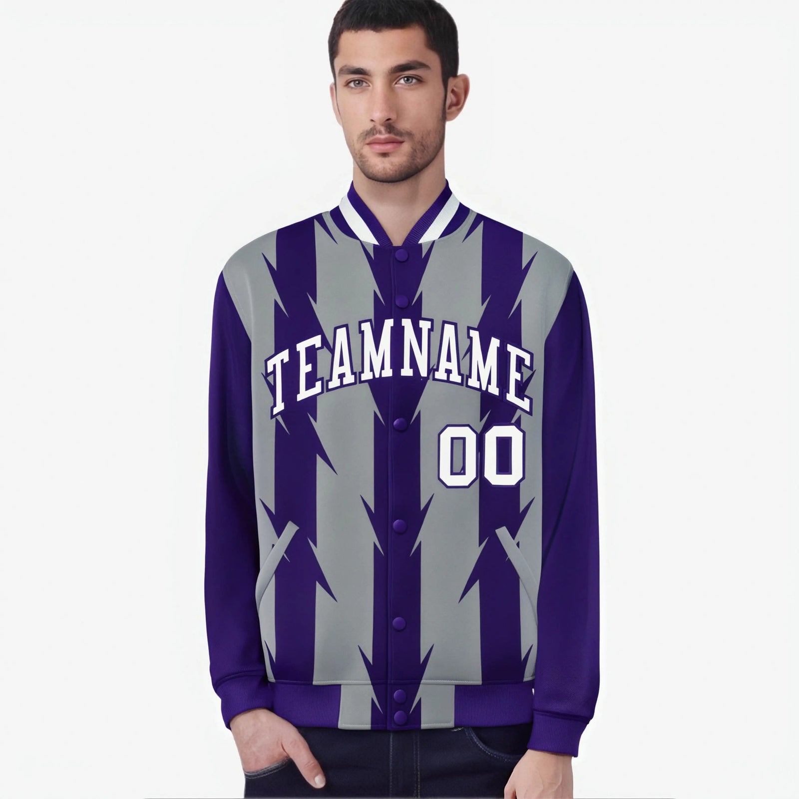 Custom Gray Purple-White Blade Graffiti Pattern Varsity Full-Snap Jacket