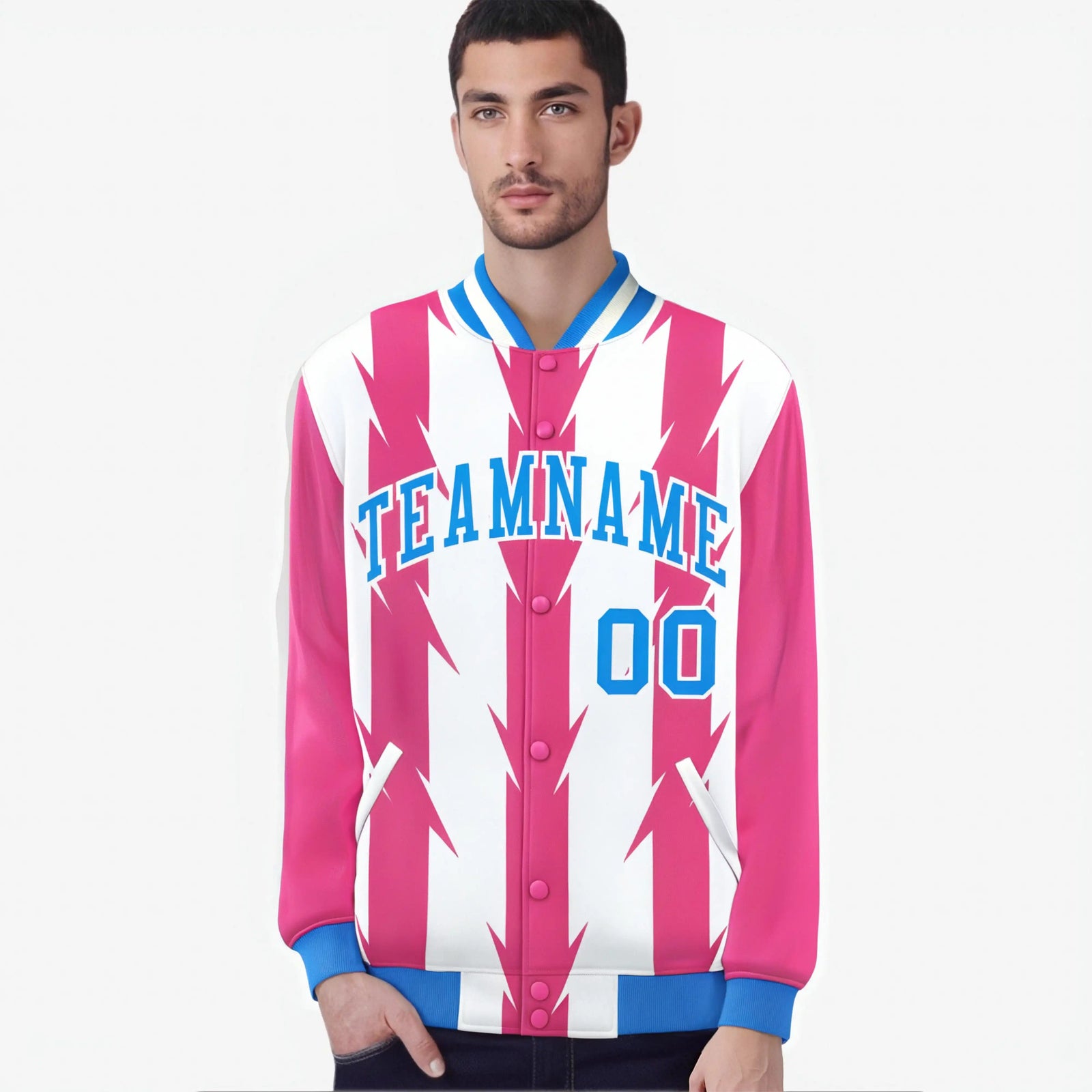 Custom White Pink-Powder Blue Blade Graffiti Pattern Varsity Full-Snap Jacket