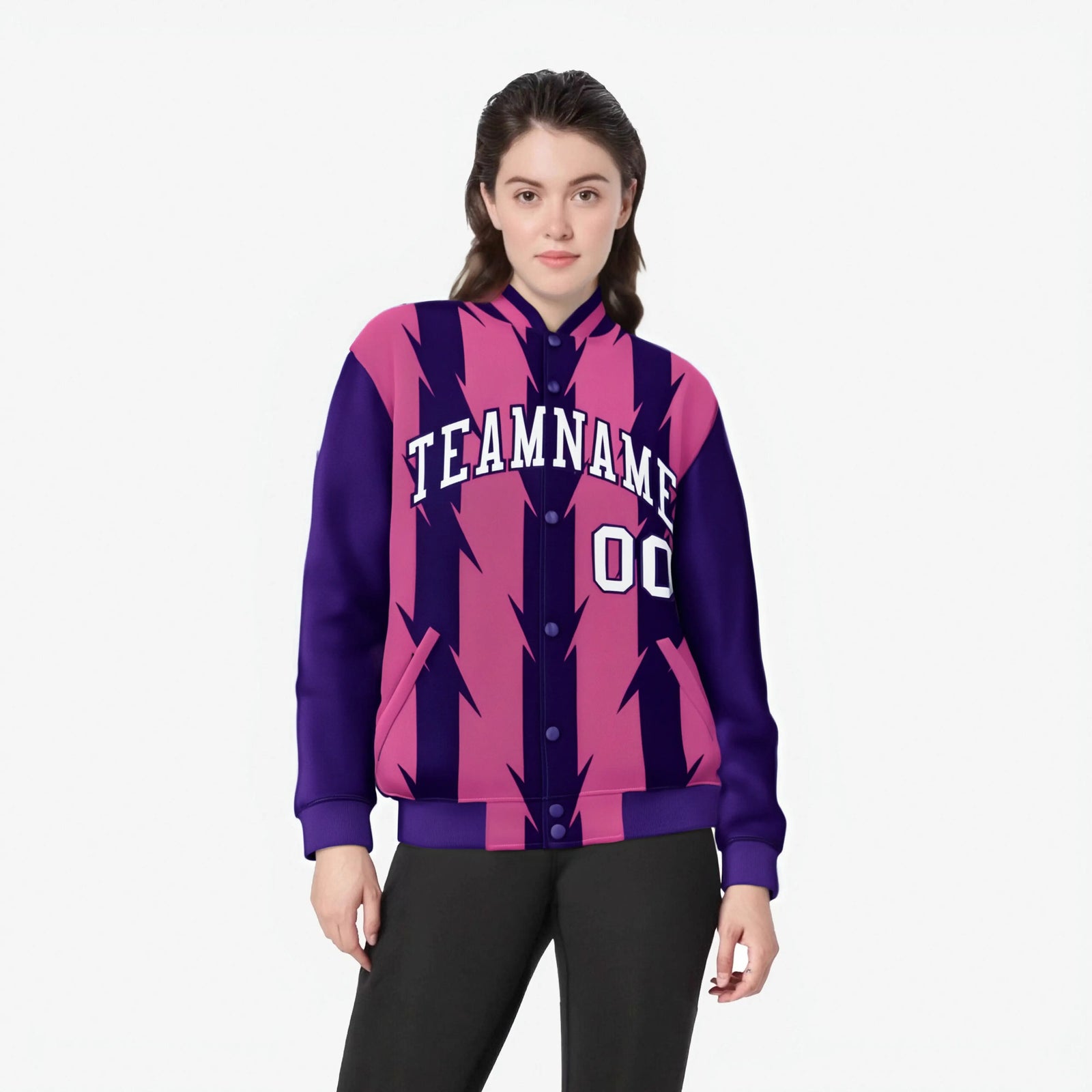 Custom Pink Purple-White Blade Graffiti Pattern Varsity Full-Snap Jacket