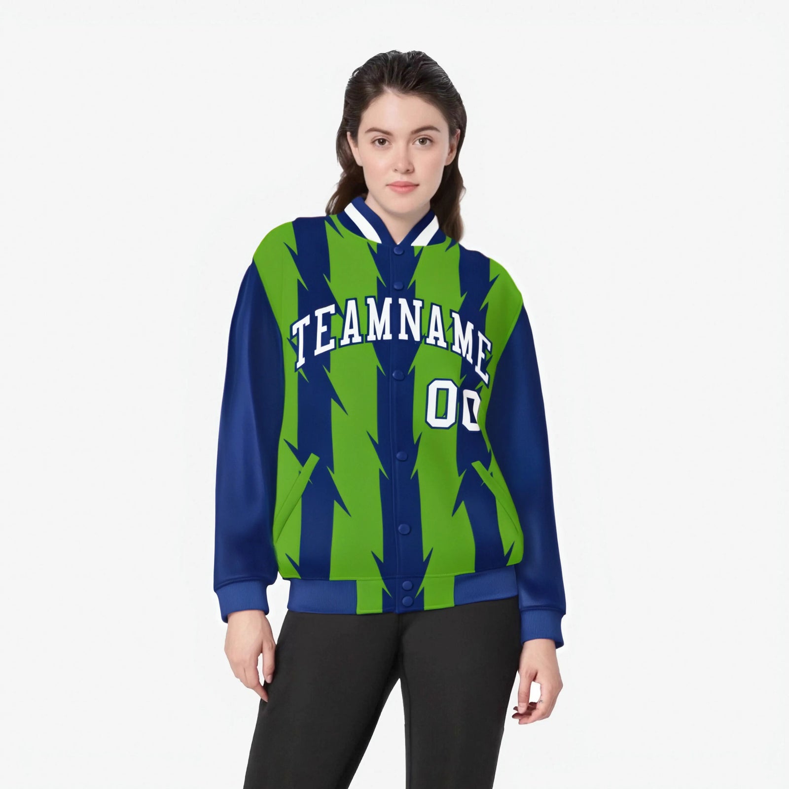 Custom Neon Green Royal Blue-White Blade Graffiti Pattern Varsity Full-Snap Jacket