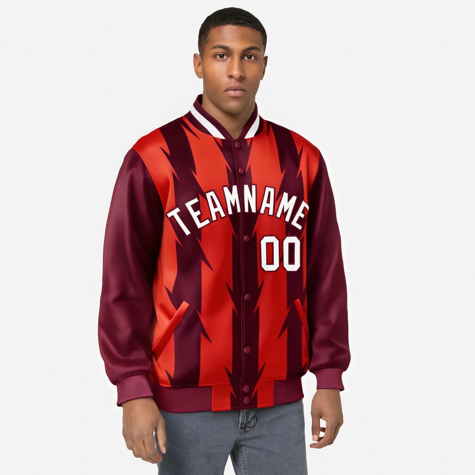 Custom Red Crimson-White Blade Graffiti Pattern Varsity Full-Snap Jacket