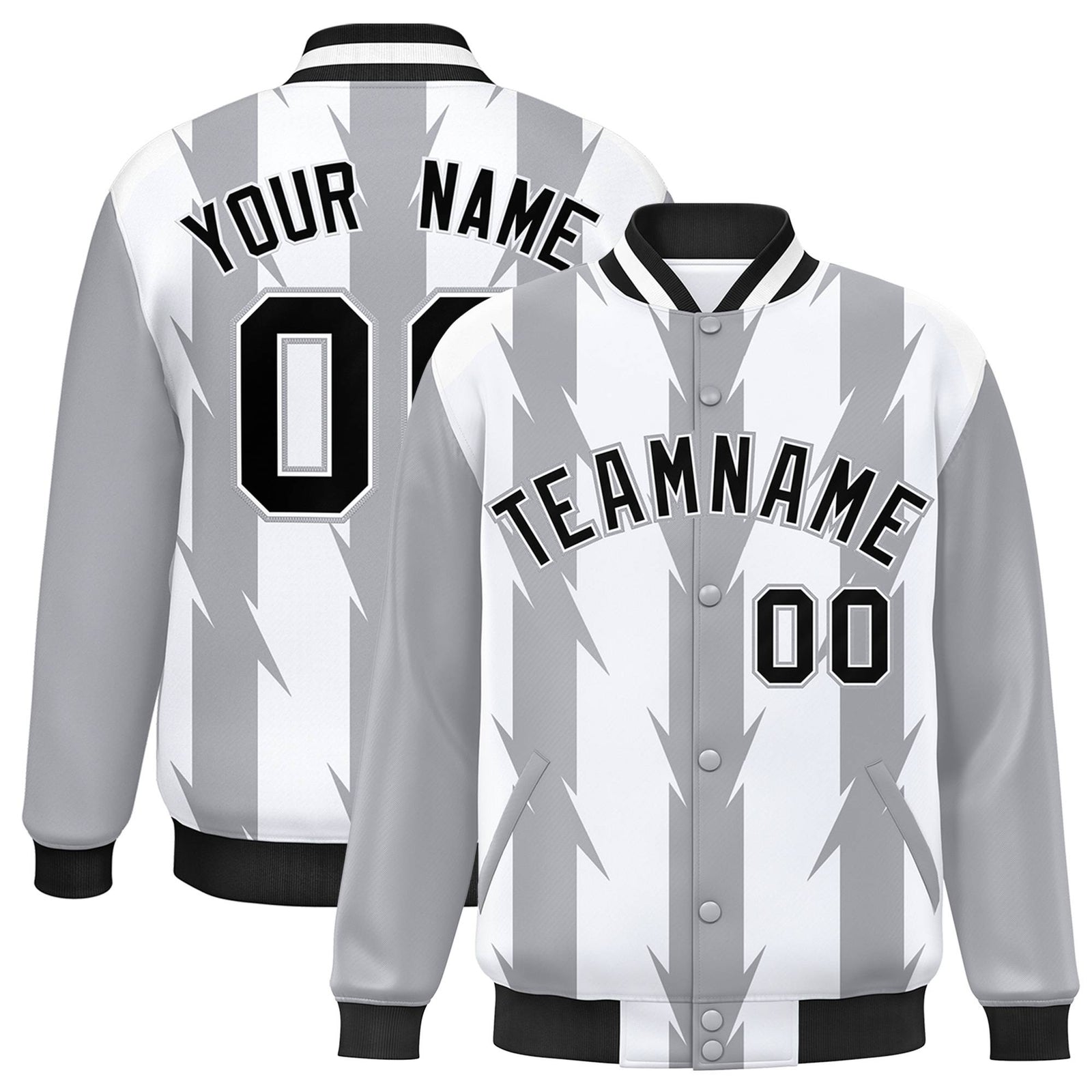 Custom White Gray-Black Blade Graffiti Pattern Varsity Full-Snap Jacket