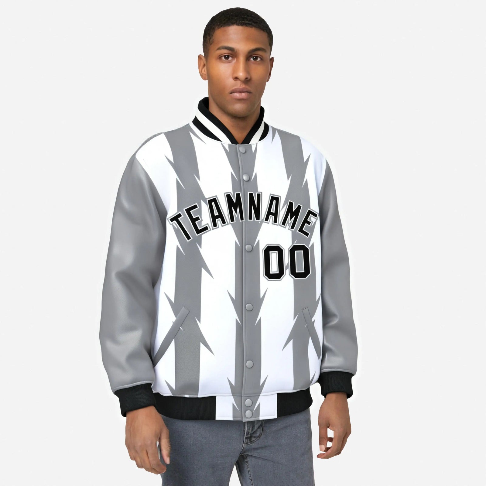 Custom White Gray-Black Blade Graffiti Pattern Varsity Full-Snap Jacket