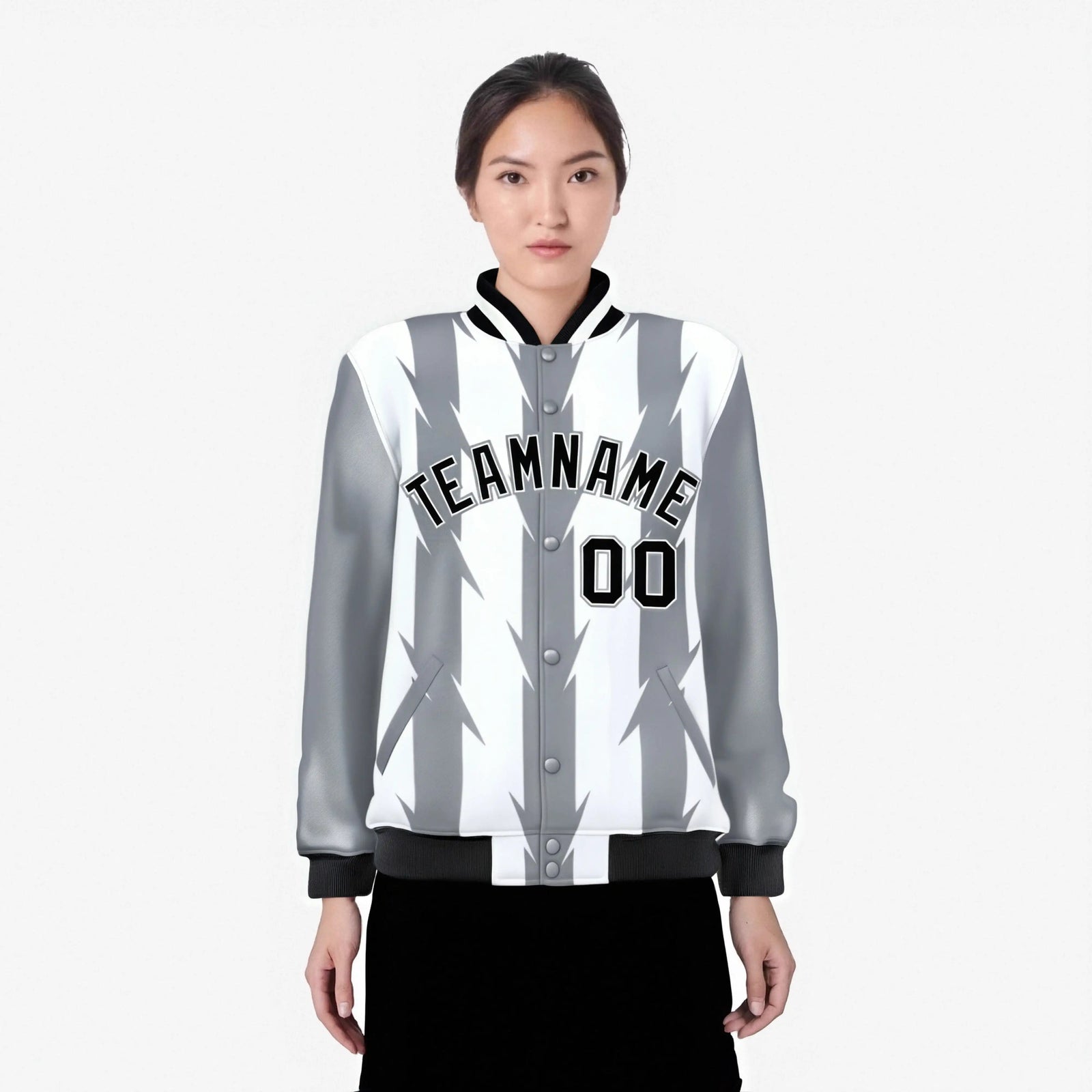 Custom White Gray-Black Blade Graffiti Pattern Varsity Full-Snap Jacket