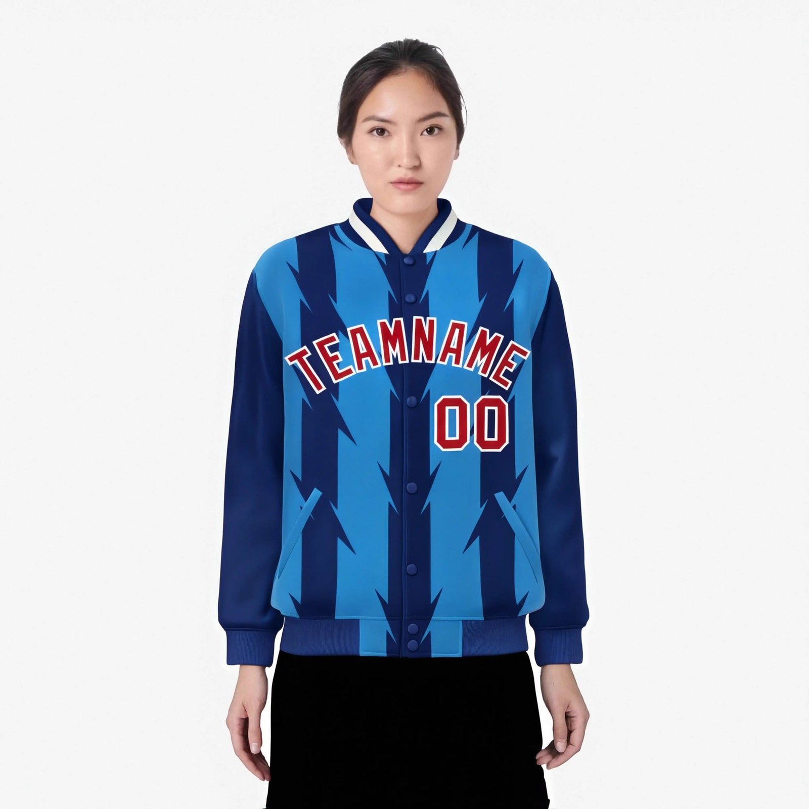 Custom Royal Blue Powder-Blue Red-White Blade Graffiti Pattern Varsity Full-Snap Jacket