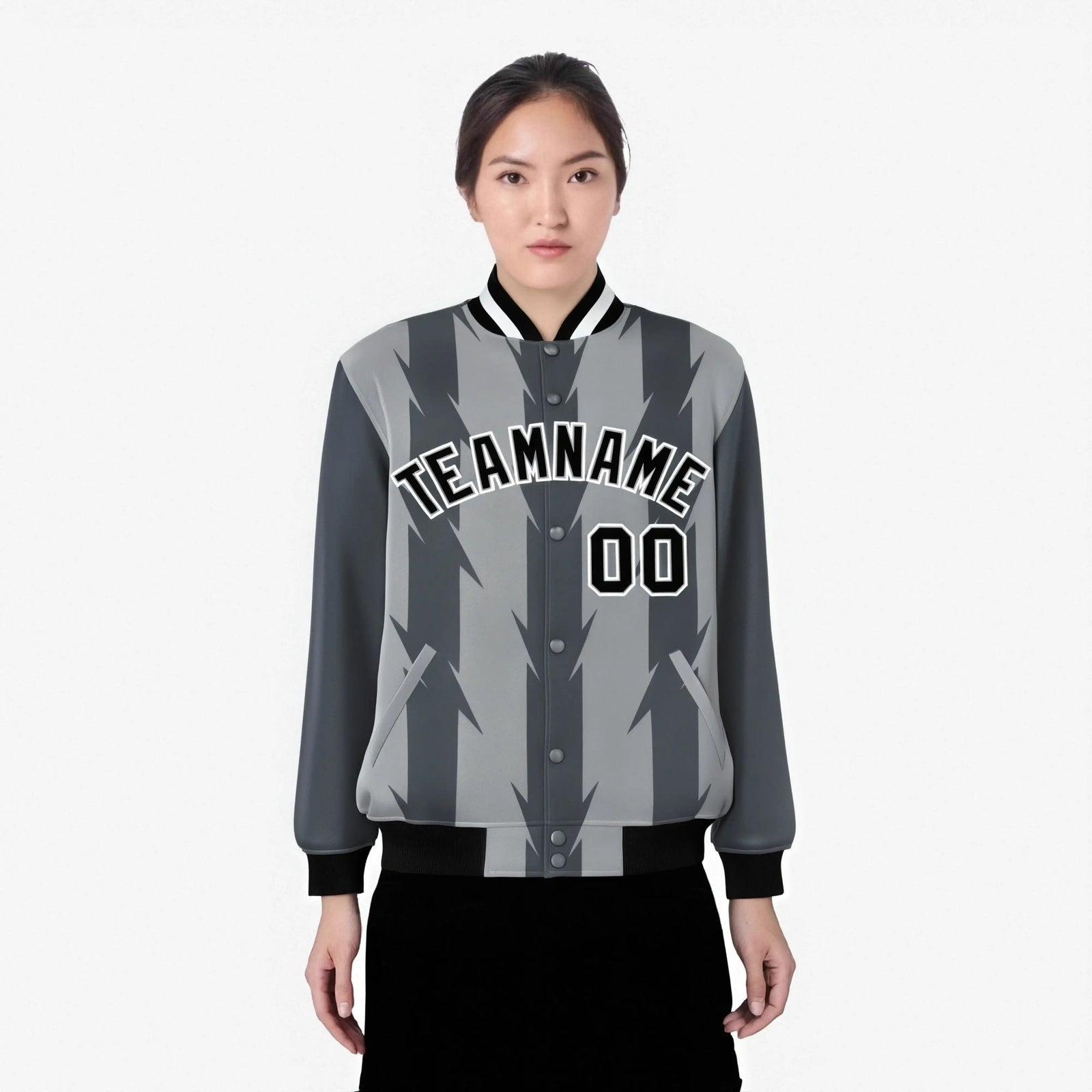 Custom Gray Dark Gray Black-White Blade Graffiti Pattern Varsity Full-Snap Jacket