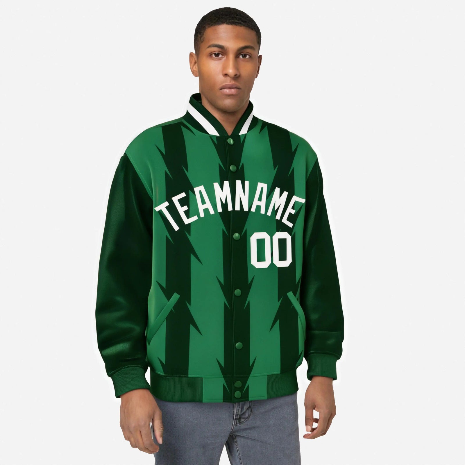 Custom Green Kelly Green-White Blade Graffiti Pattern Varsity Full-Snap Jacket