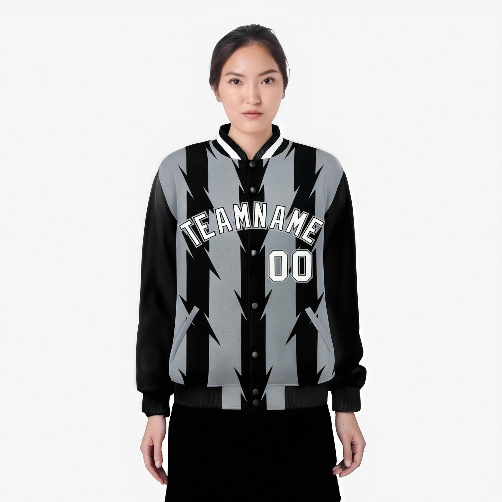 Custom Gray Black-White Blade Graffiti Pattern Varsity Full-Snap Jacket