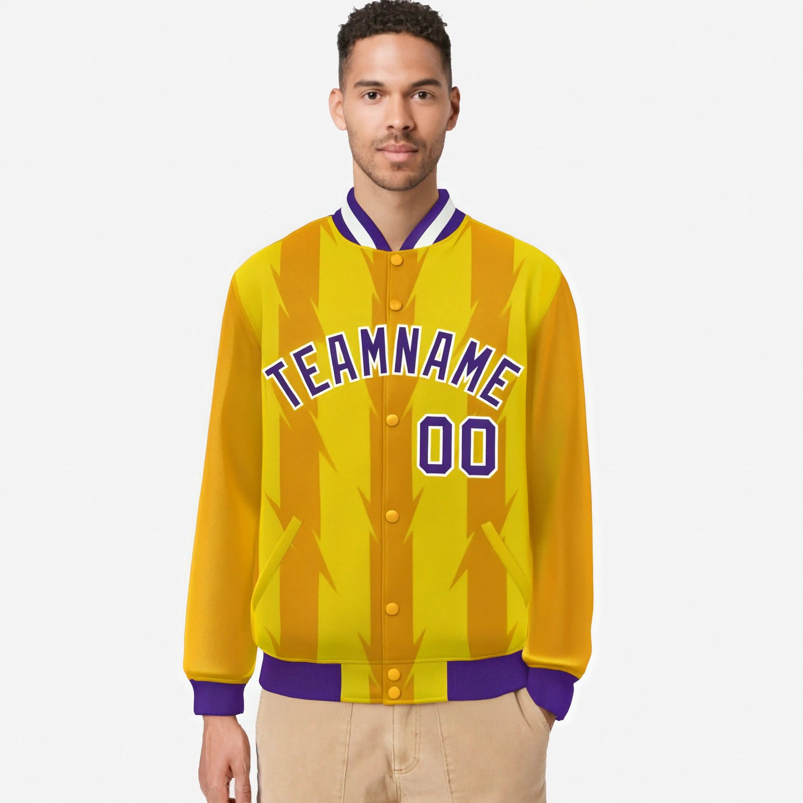 Custom Gold Yellow Purple-White Blade Graffiti Pattern Varsity Full-Snap Jacket