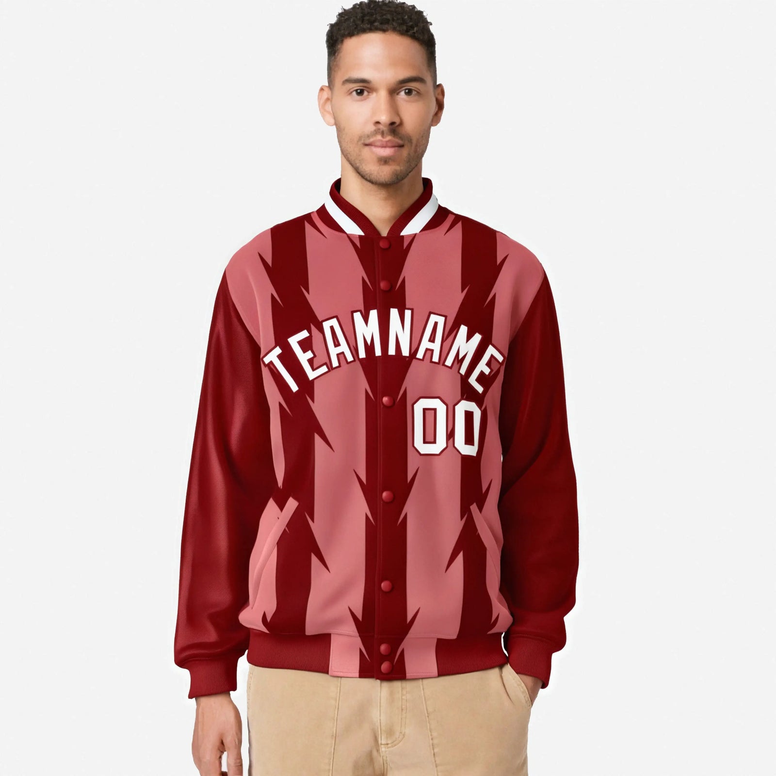 Custom Light Red Red-White Blade Graffiti Pattern Varsity Full-Snap Jacket