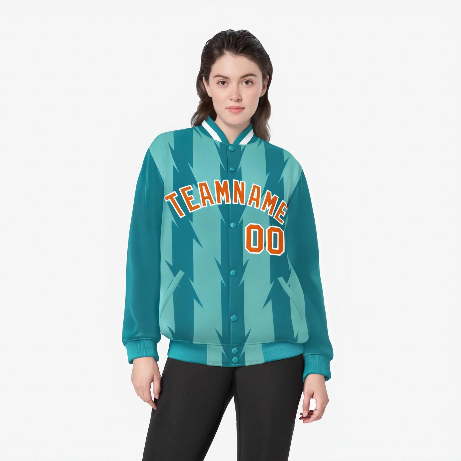 Custom Teal Aqua Orange-White Blade Graffiti Pattern Varsity Full-Snap Jacket