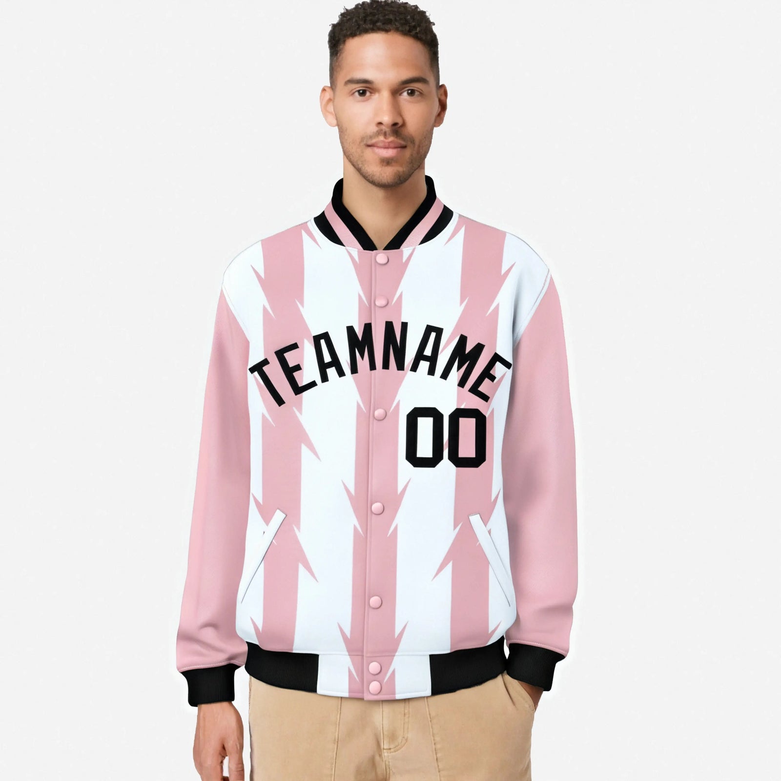 Custom White Light Pink-Black Blade Graffiti Pattern Varsity Full-Snap Jacket