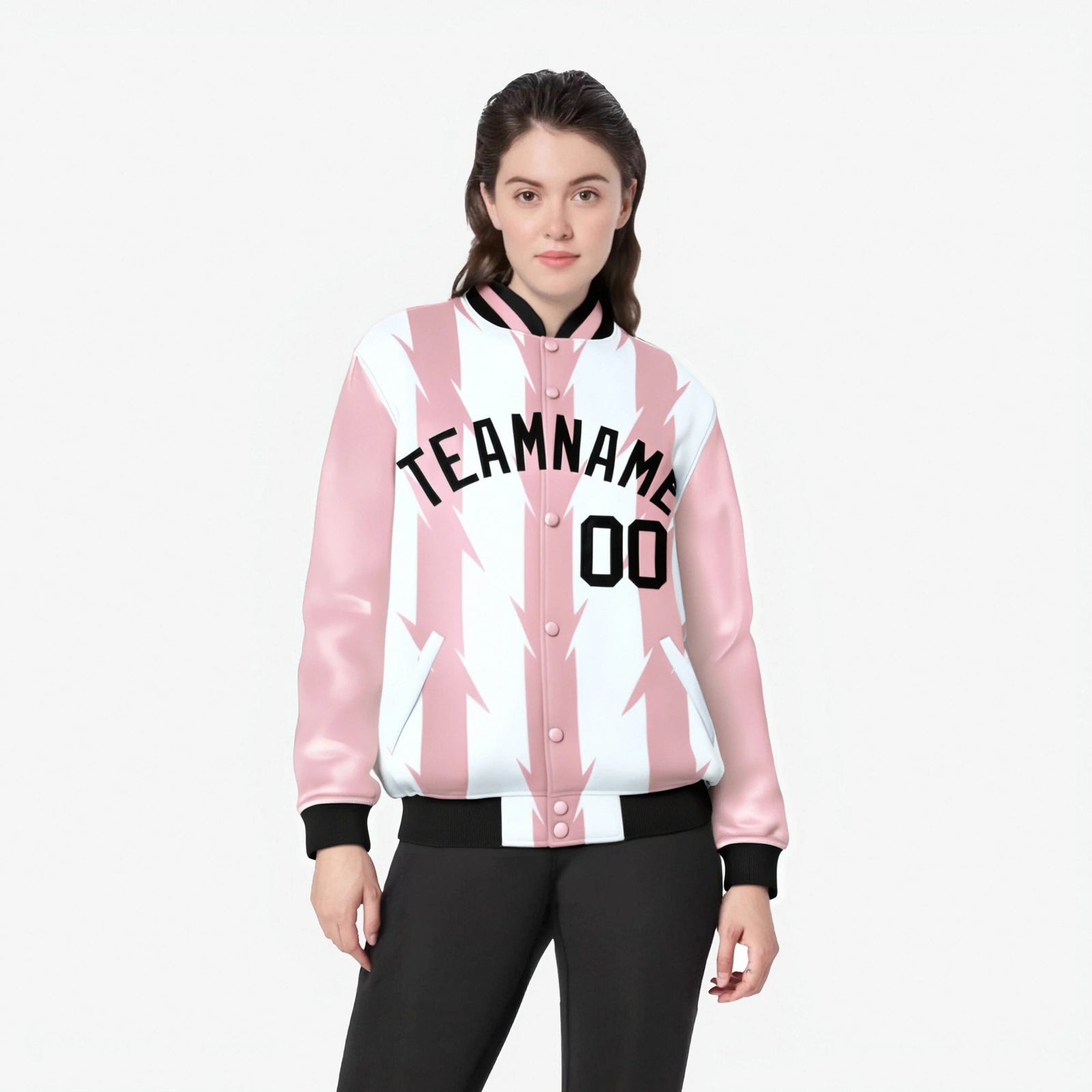 Custom White Light Pink-Black Blade Graffiti Pattern Varsity Full-Snap Jacket