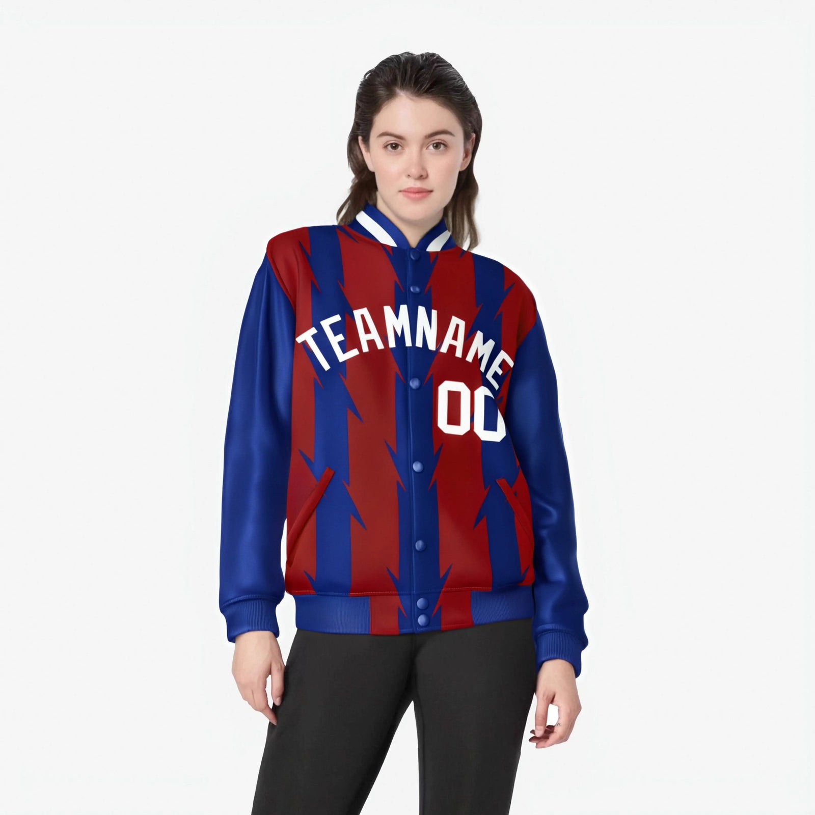 Custom Red Royal Blue-White Blade Graffiti Pattern Varsity Full-Snap Jacket