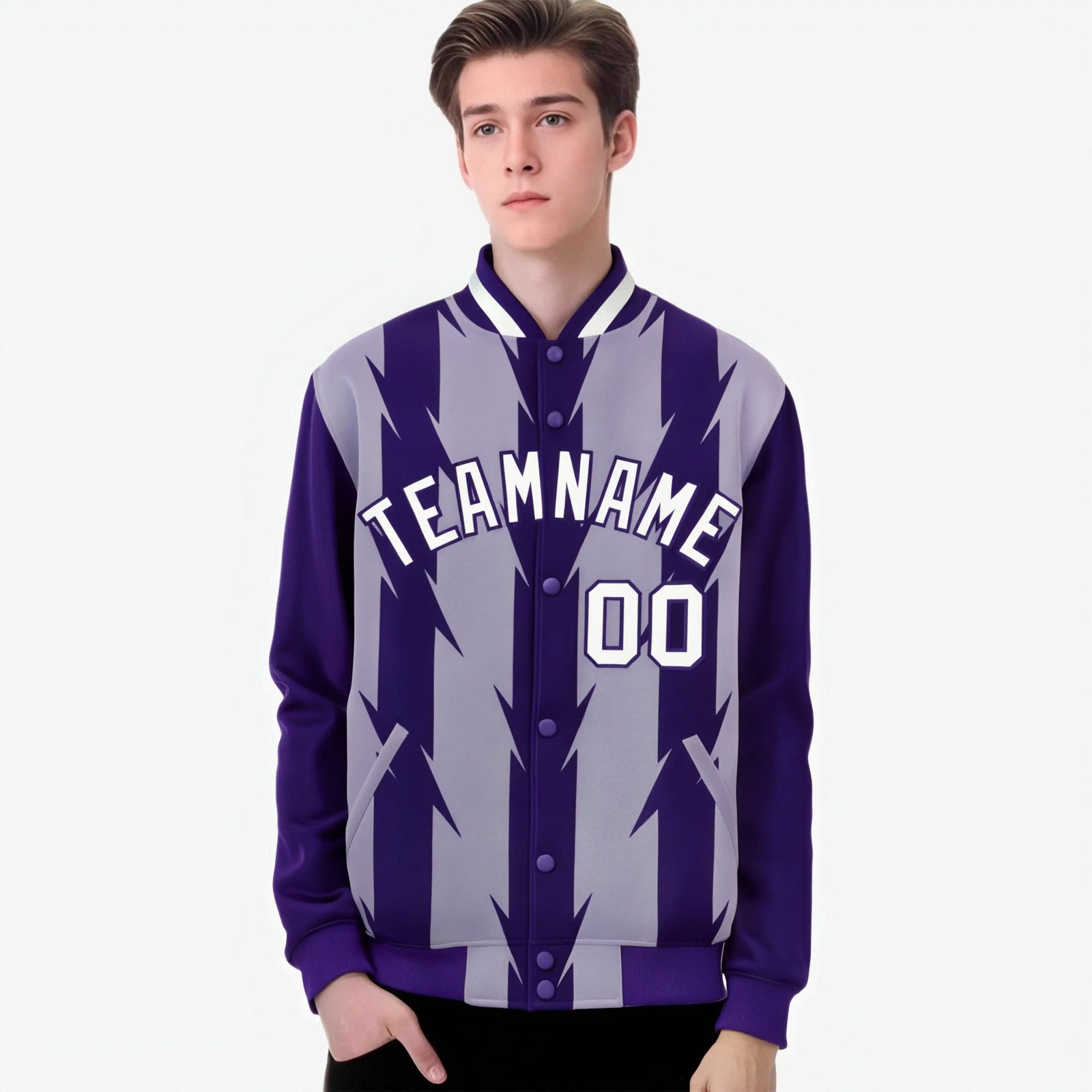 Custom Light Purple Purple-White Blade Graffiti Pattern Varsity Full-Snap Jacket