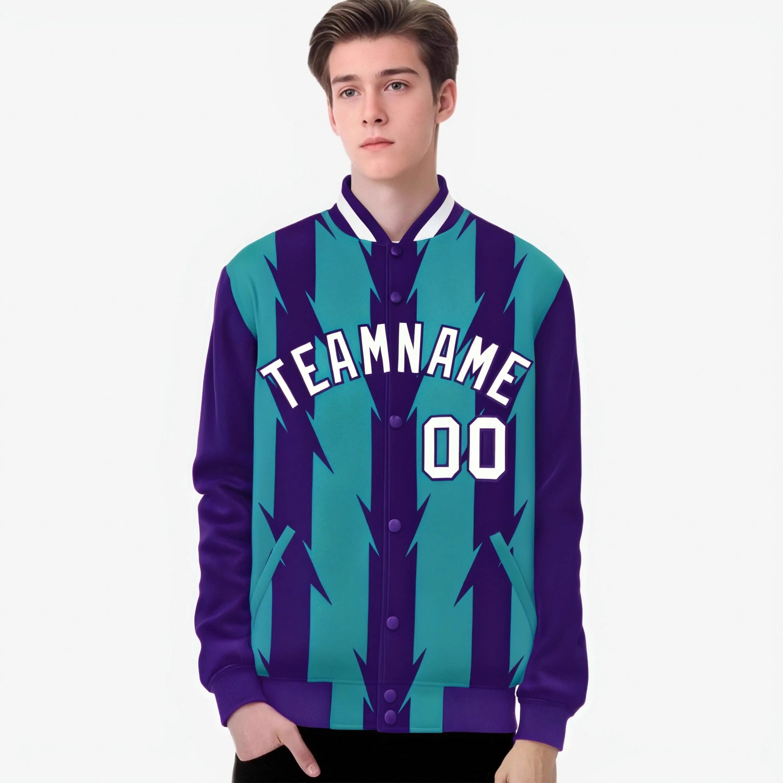 Custom Aqua Purple-White Blade Graffiti Pattern Varsity Full-Snap Jacket