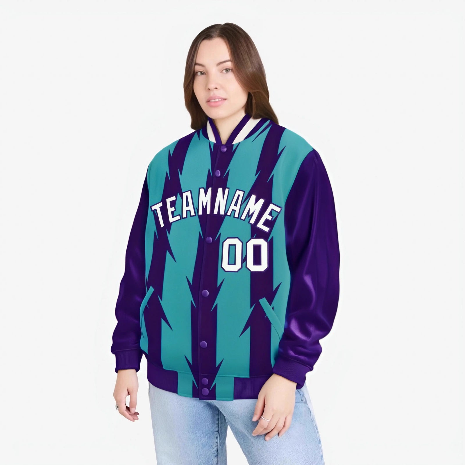 Custom Aqua Purple-White Blade Graffiti Pattern Varsity Full-Snap Jacket