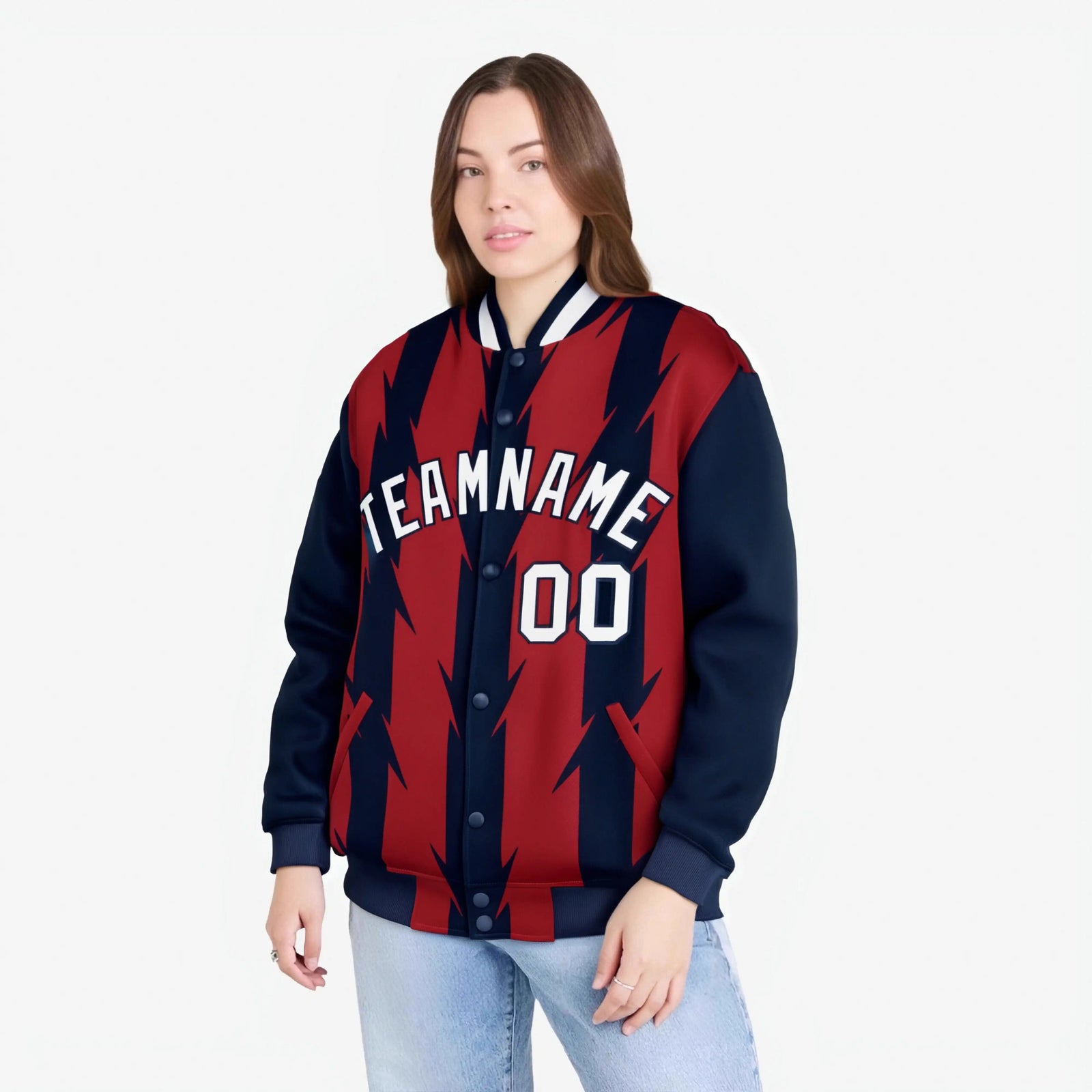 Custom Red Navy-White Blade Graffiti Pattern Varsity Full-Snap Jacket