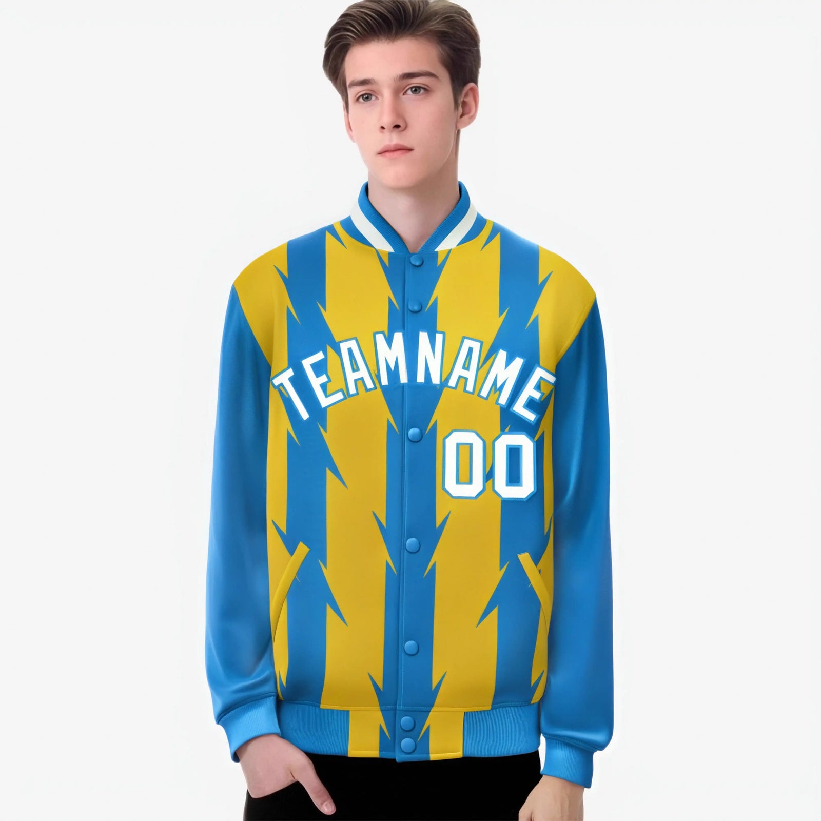 Custom Gold Powder Blue-White Blade Graffiti Pattern Varsity Full-Snap Jacket