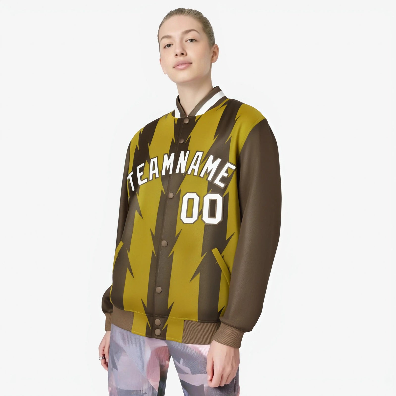 Custom Old Gold Brown-White Blade Graffiti Pattern Varsity Full-Snap Jacket