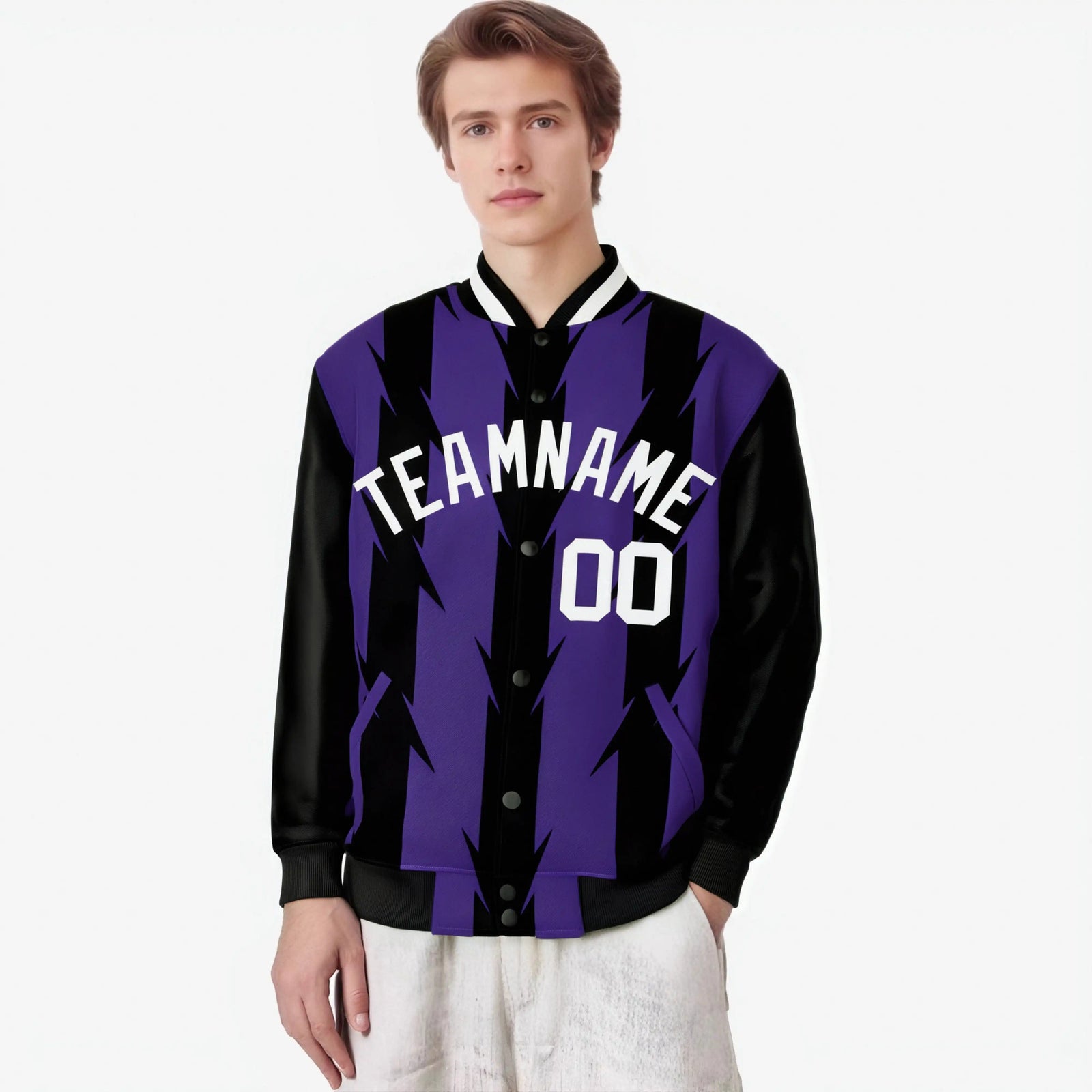 Custom Purple Black-White Blade Graffiti Pattern Varsity Full-Snap Jacket