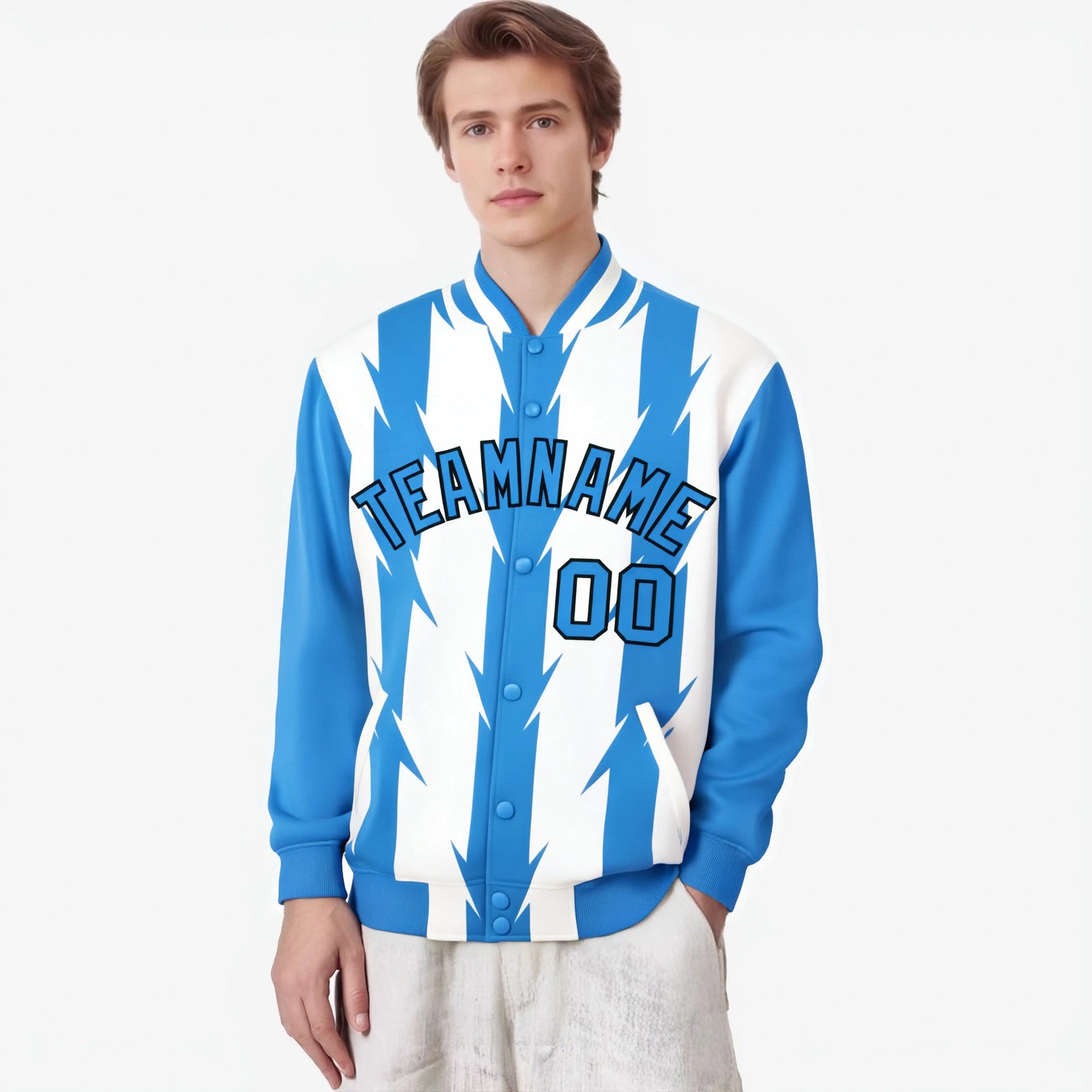 Custom White Powder Blue-Black Blade Graffiti Pattern Varsity Full-Snap Jacket