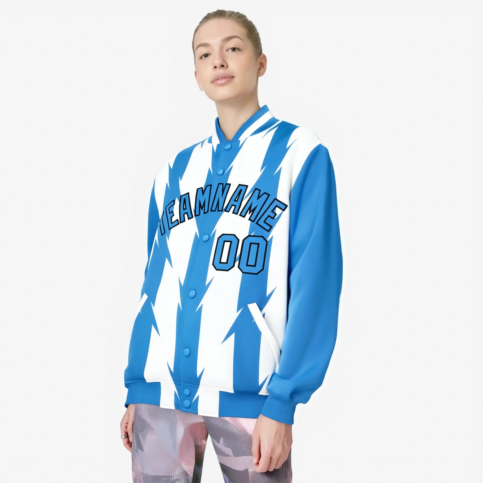 Custom White Powder Blue-Black Blade Graffiti Pattern Varsity Full-Snap Jacket