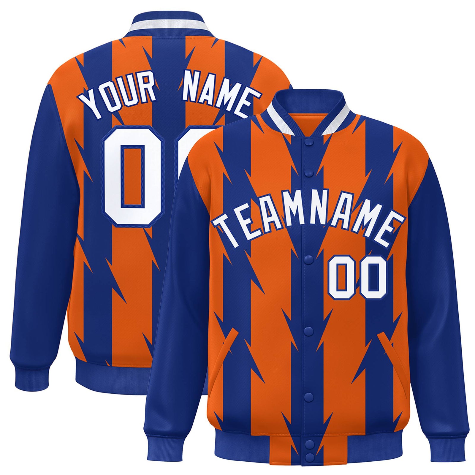 Custom Orange Royal Blue-White Blade Graffiti Pattern Varsity Full-Snap Jacket