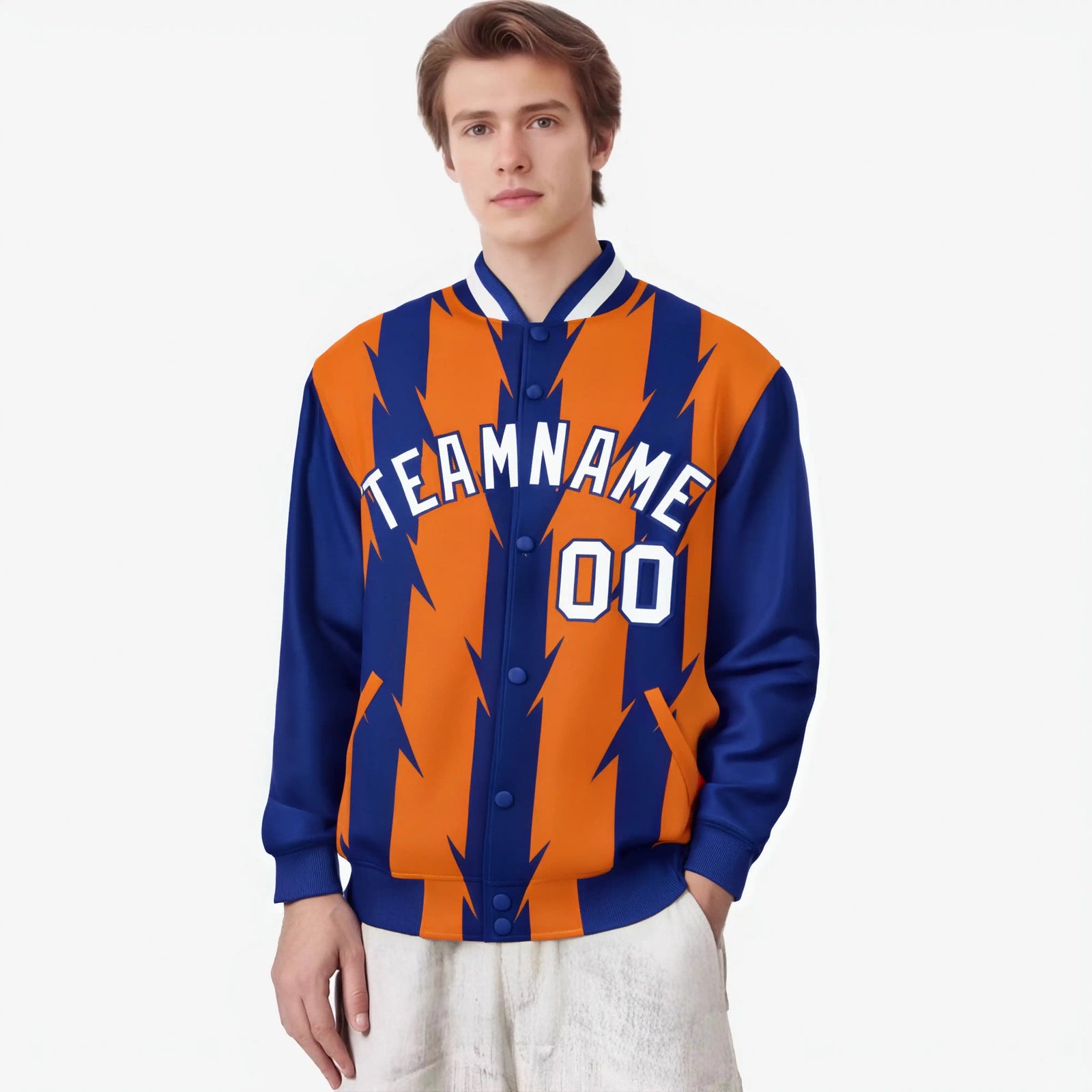 Custom Orange Royal Blue-White Blade Graffiti Pattern Varsity Full-Snap Jacket